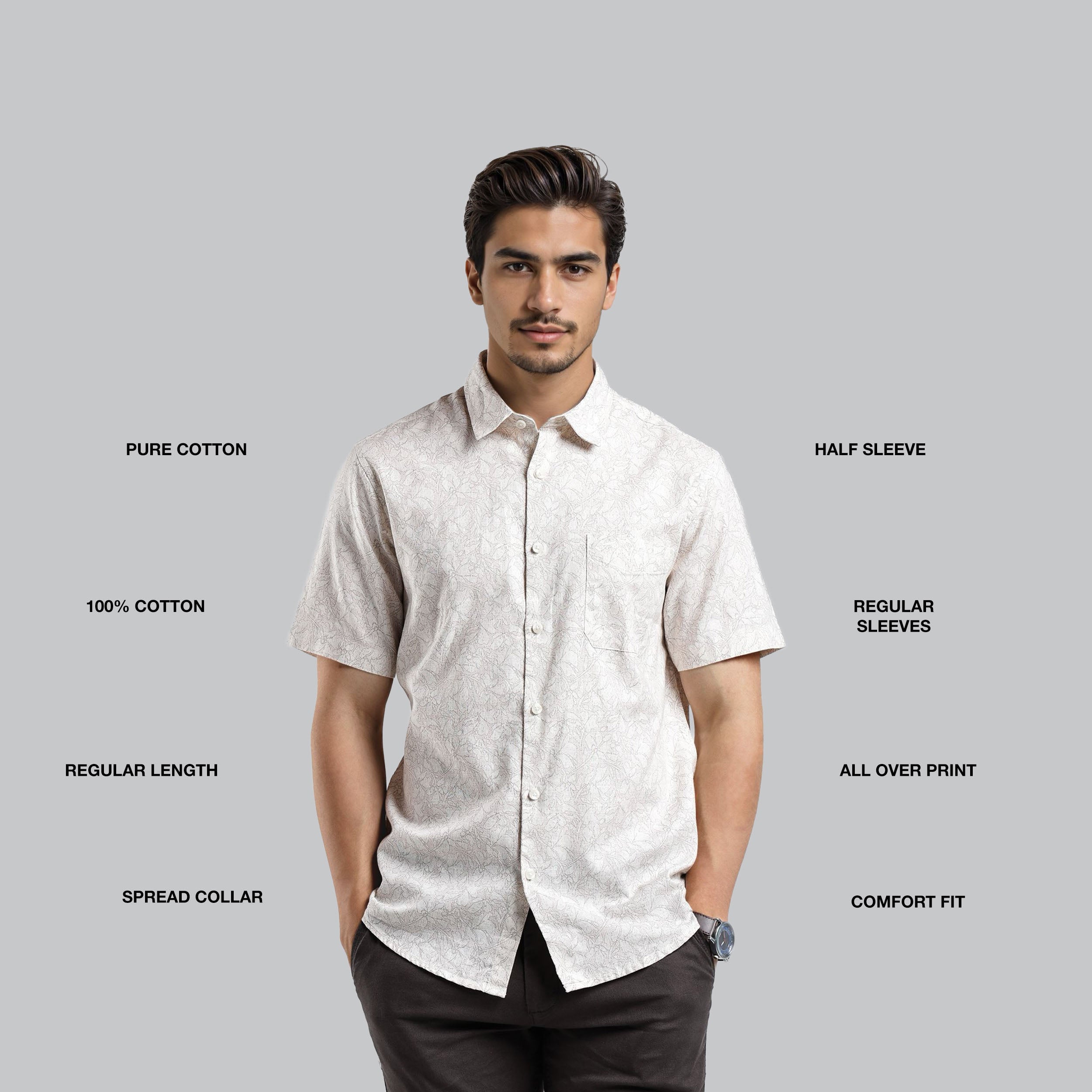 Man wearing a white short-sleeve shirt with text describing features on a gray background