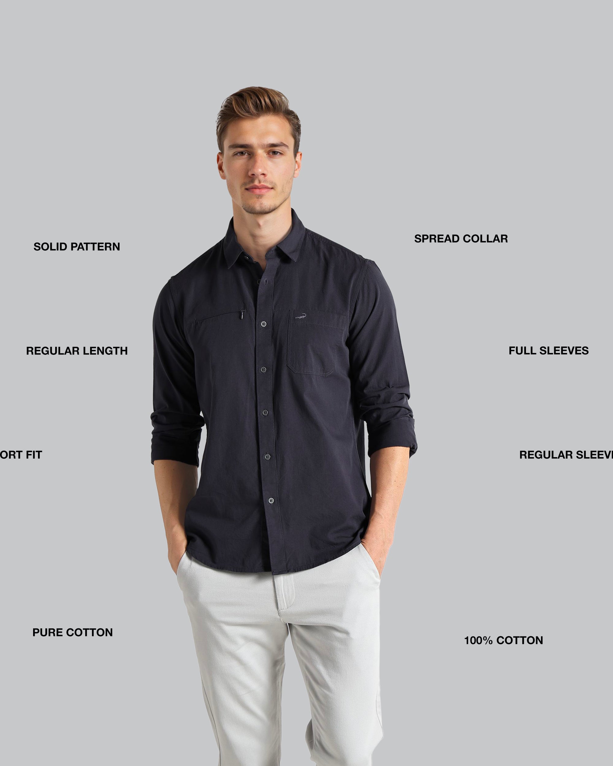 Man wearing a black shirt with text labels on a gray background