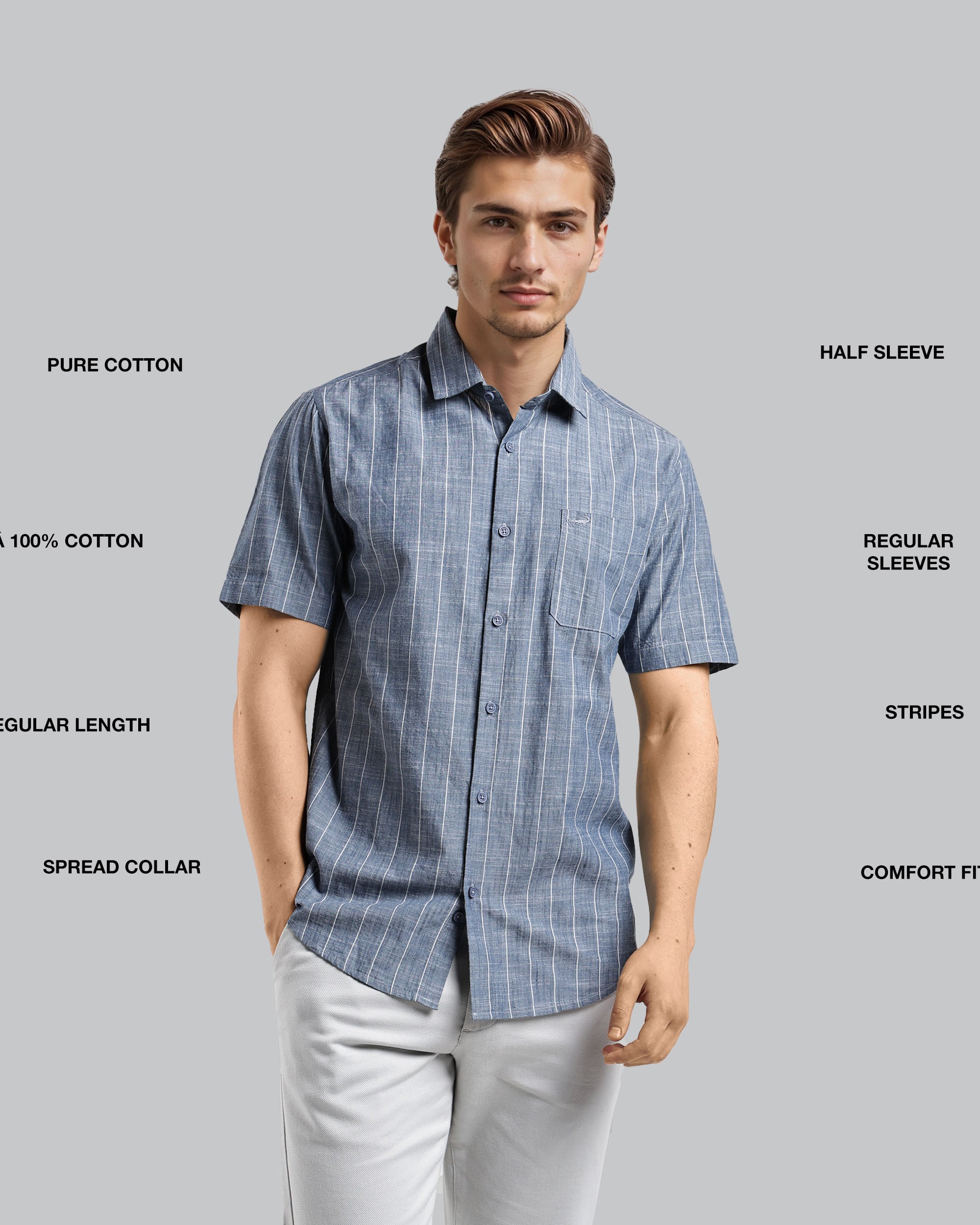 Man wearing a blue checkered shirt with text describing features on a gray background