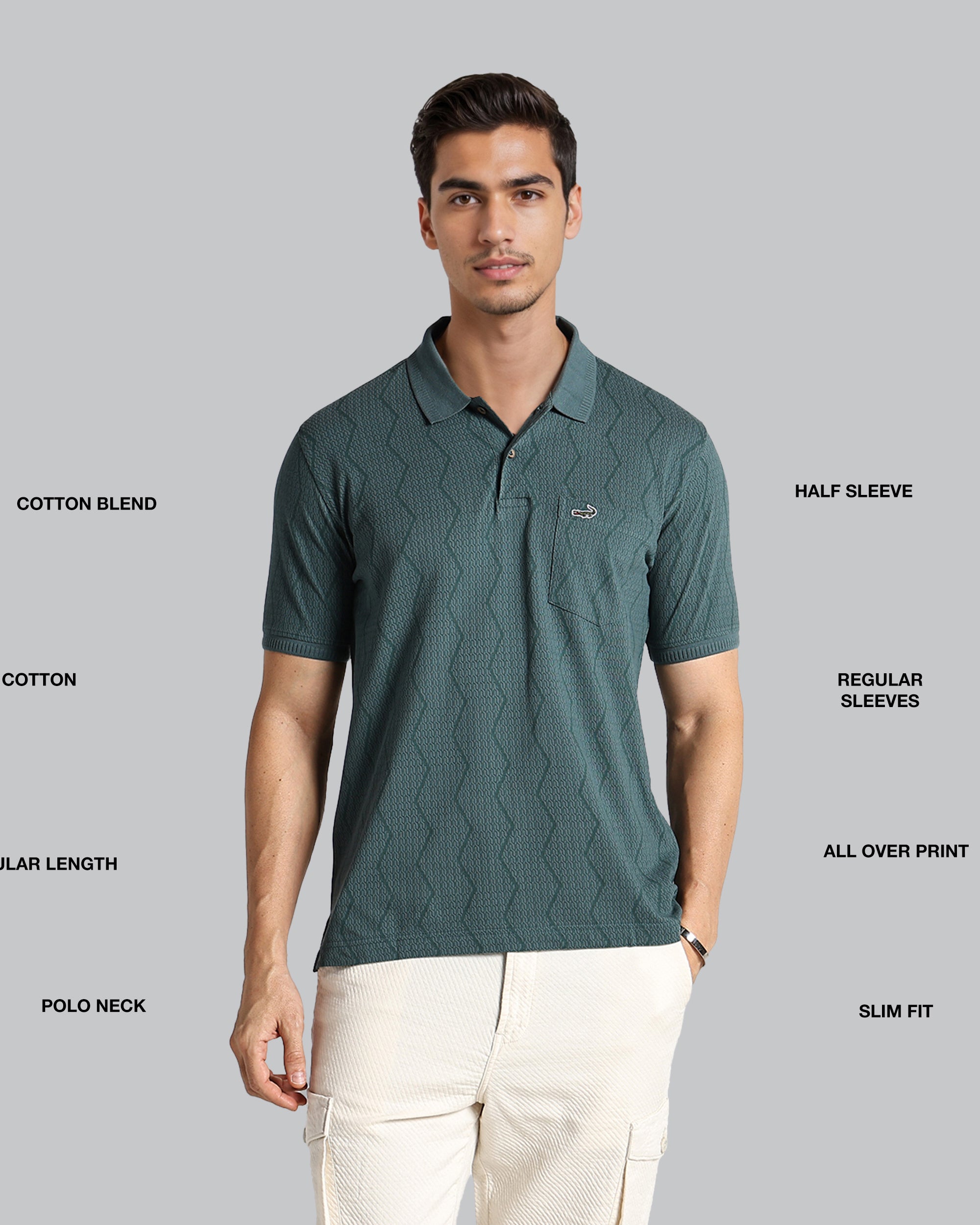 Man wearing a green polo shirt with text labels on a gray background