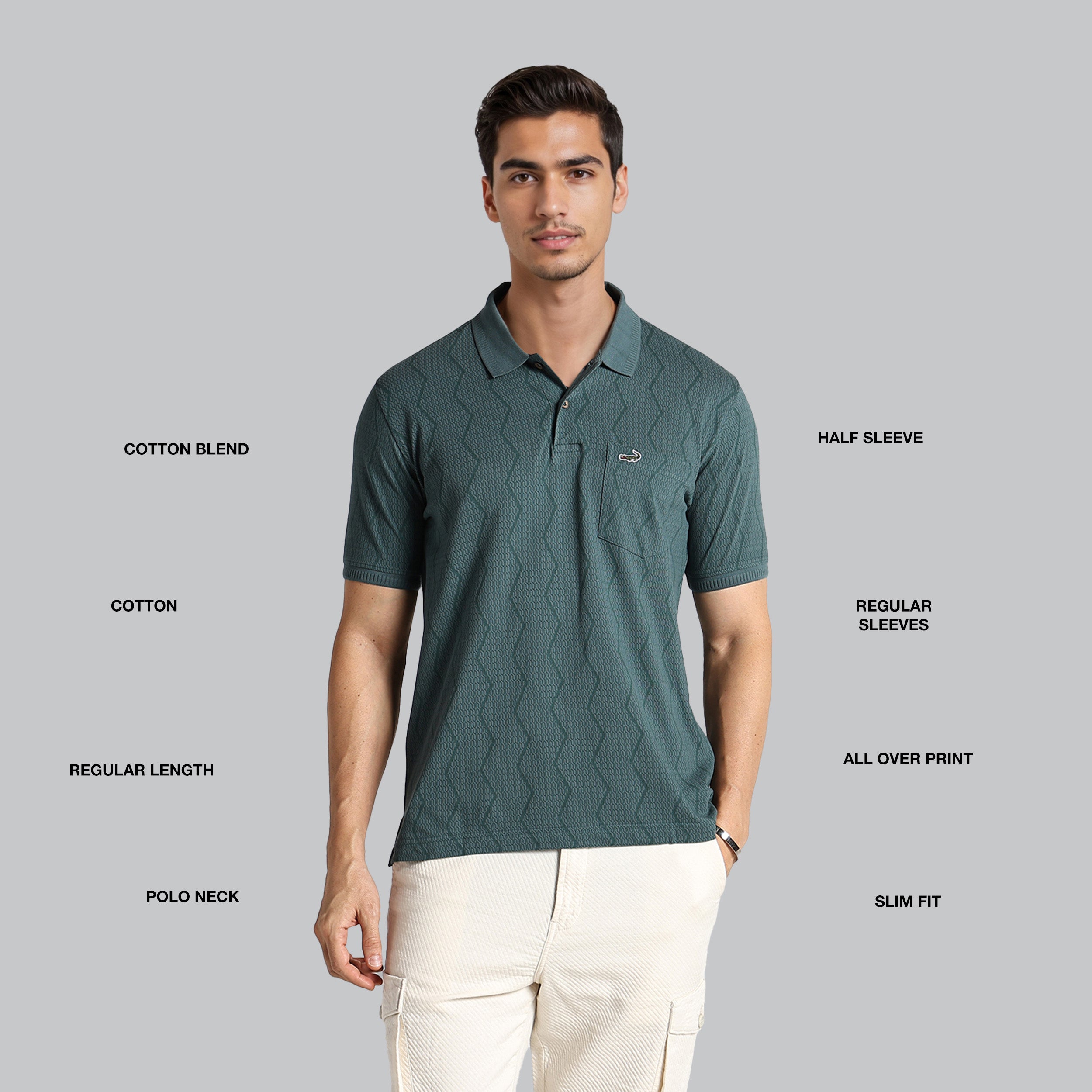 Man wearing a green polo shirt with text labels on a gray background