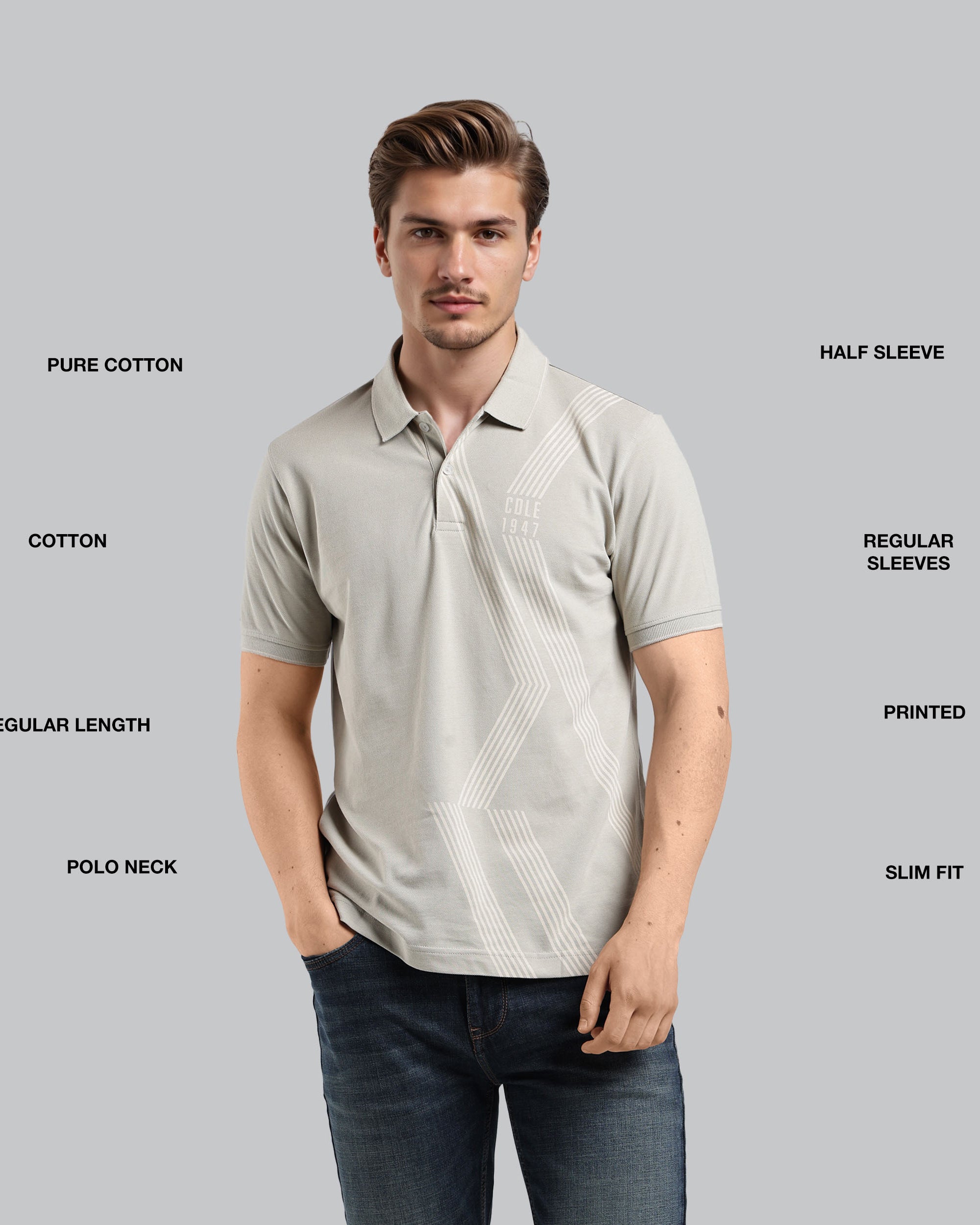 Man wearing a light gray polo shirt with text labels on a gray background