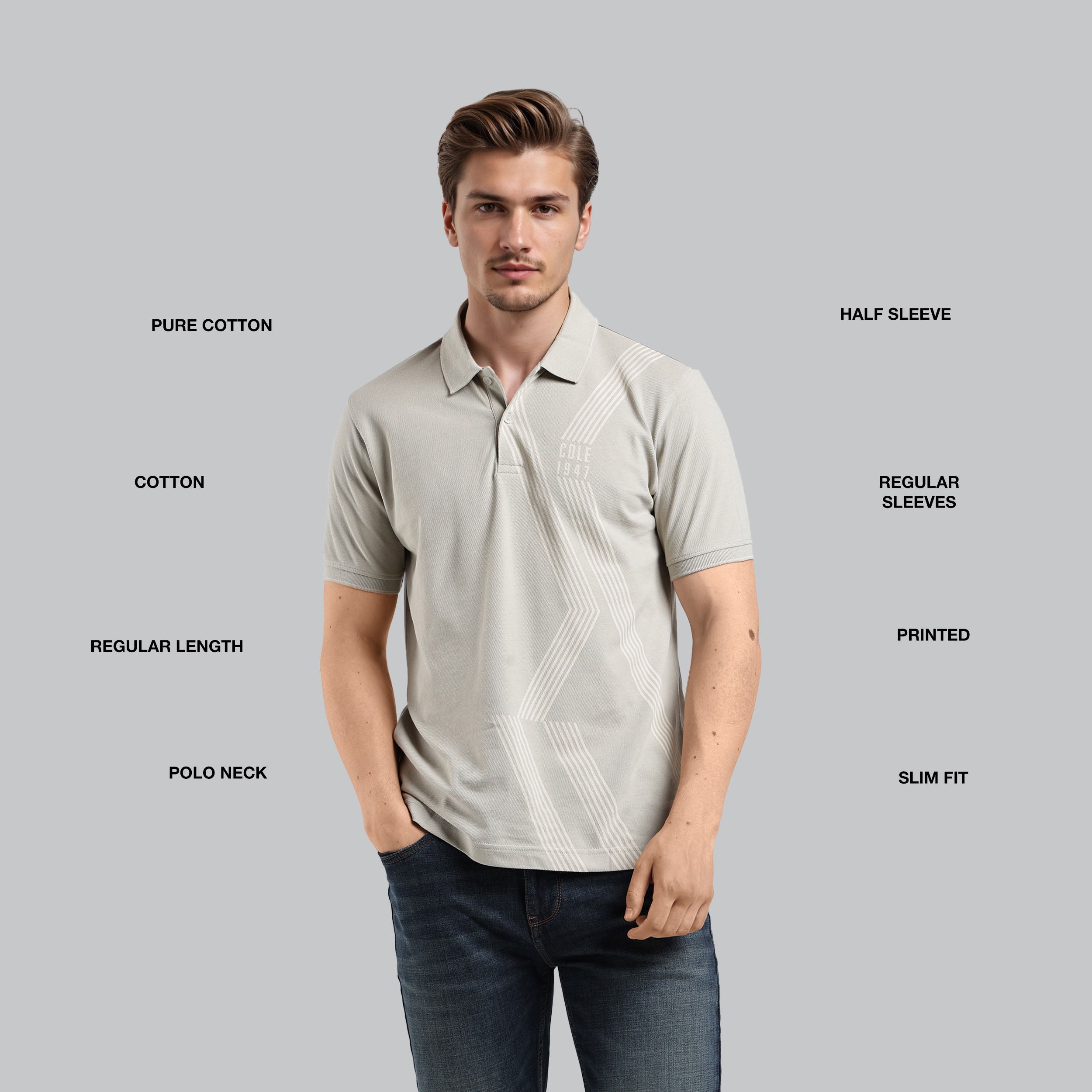 Man wearing a light gray polo shirt with text labels on a gray background