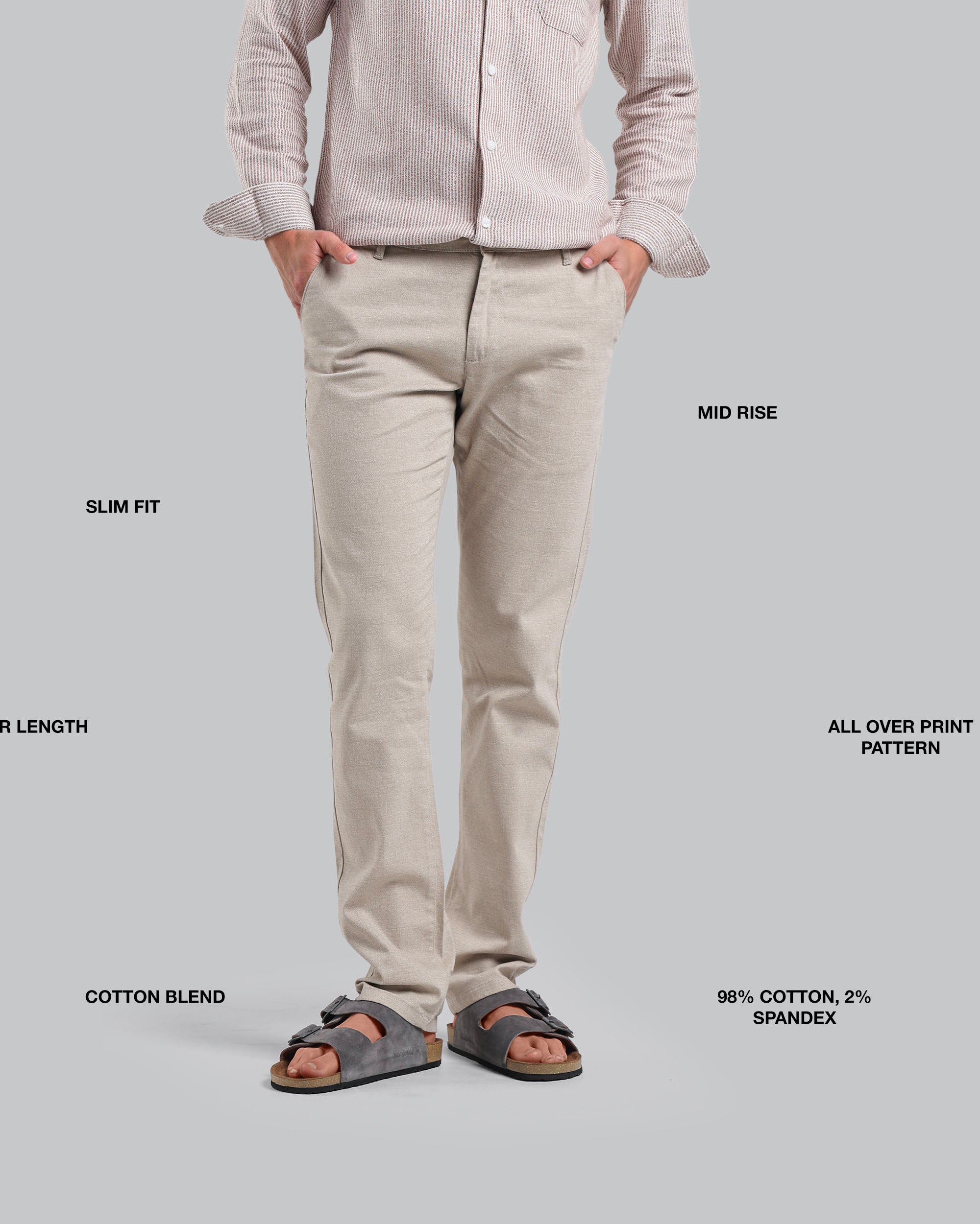 Person wearing beige pants with text labels on a gray background