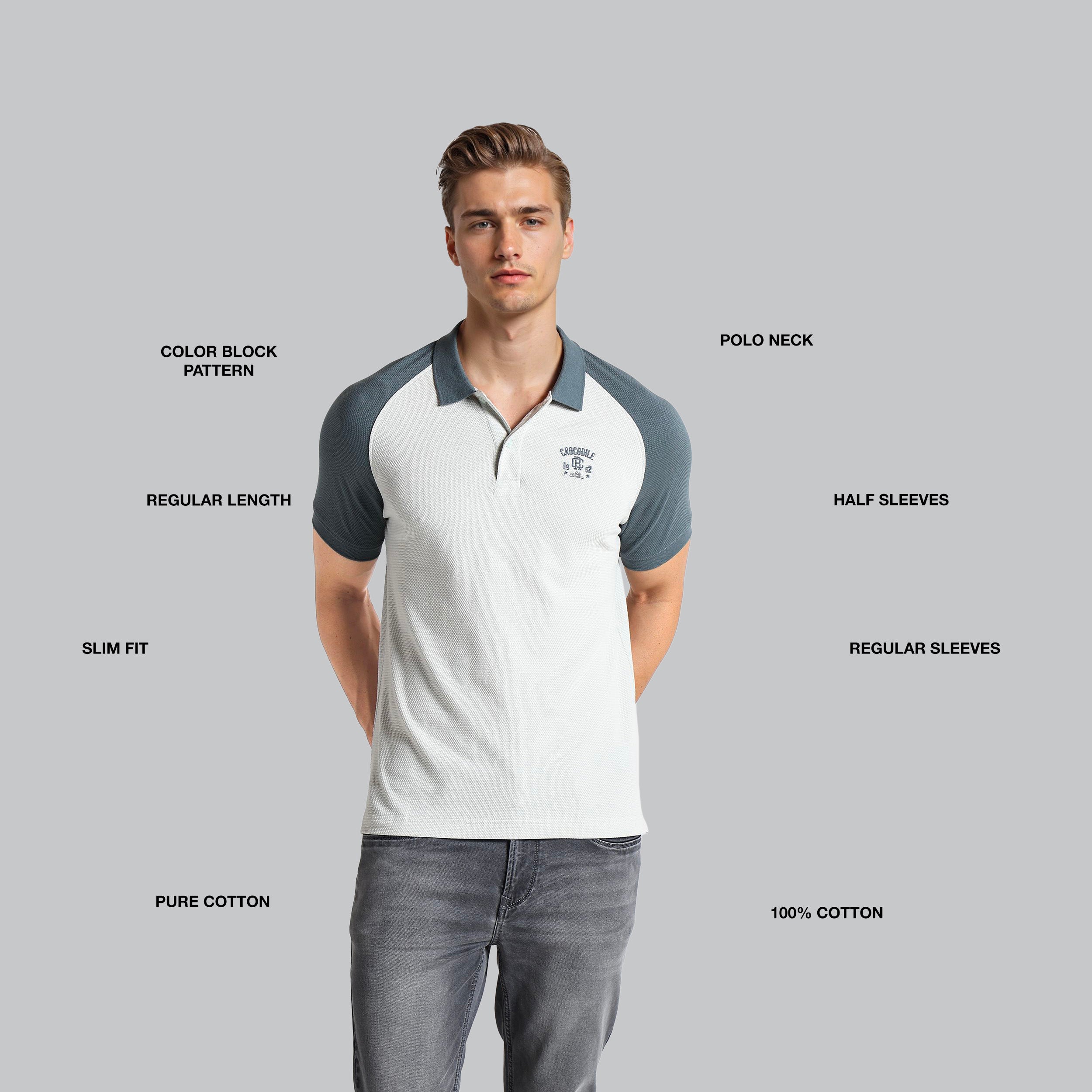 Man wearing a white and gray polo shirt with text labels on a gray background