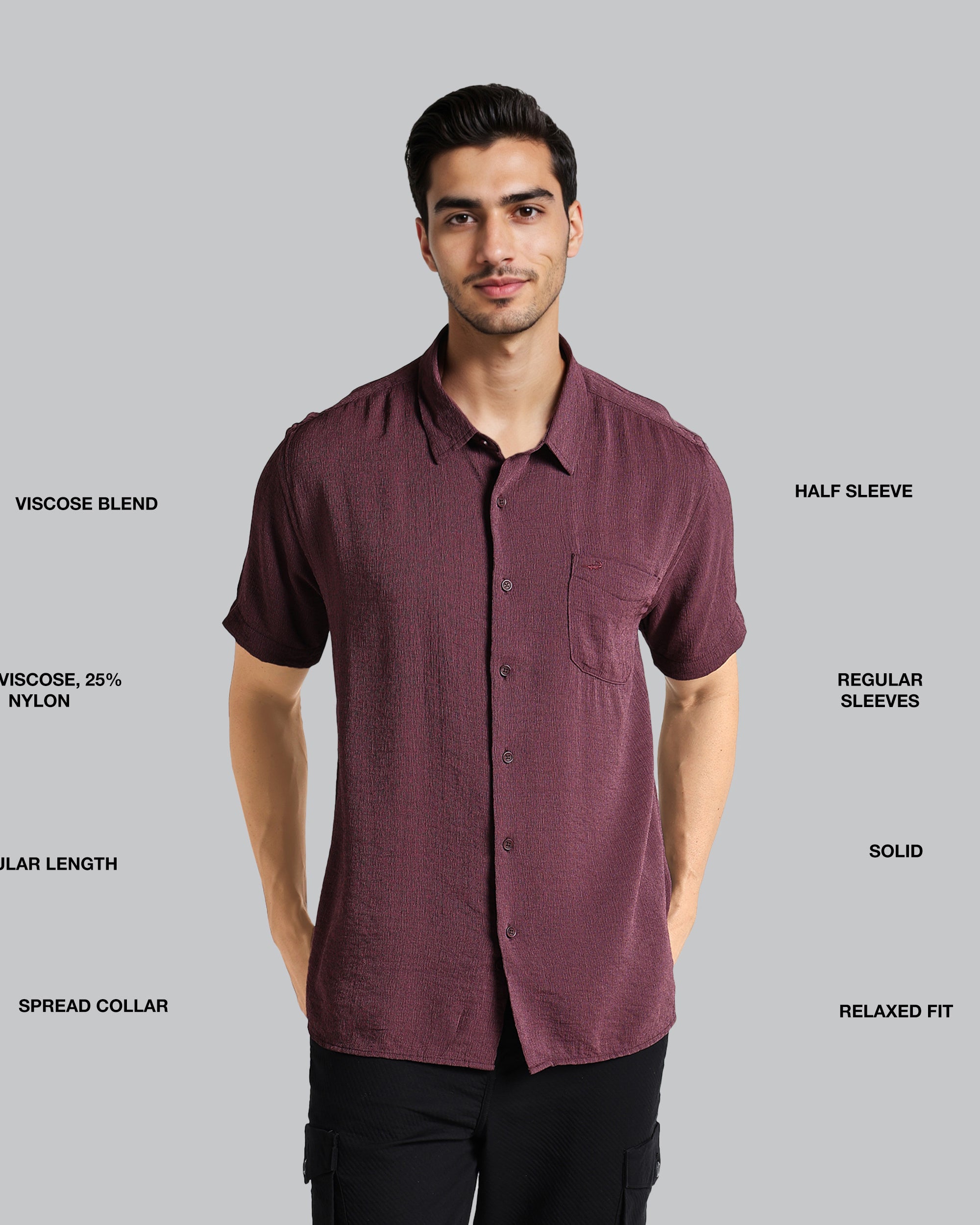 Man wearing a maroon shirt with text describing fabric blend, sleeve length, and other features on a gray background