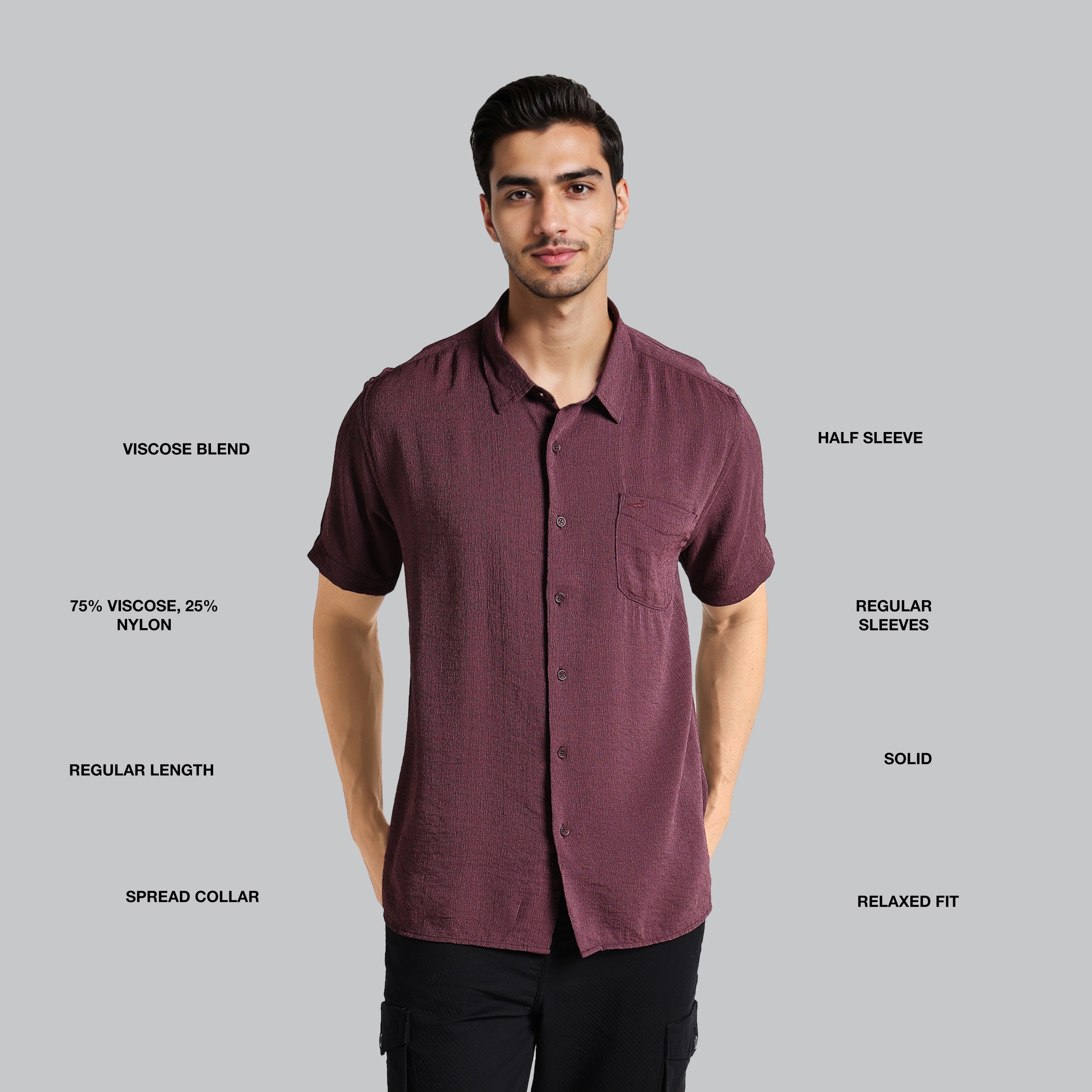 Man wearing a maroon shirt with text describing fabric blend, sleeve length, and other features on a gray background