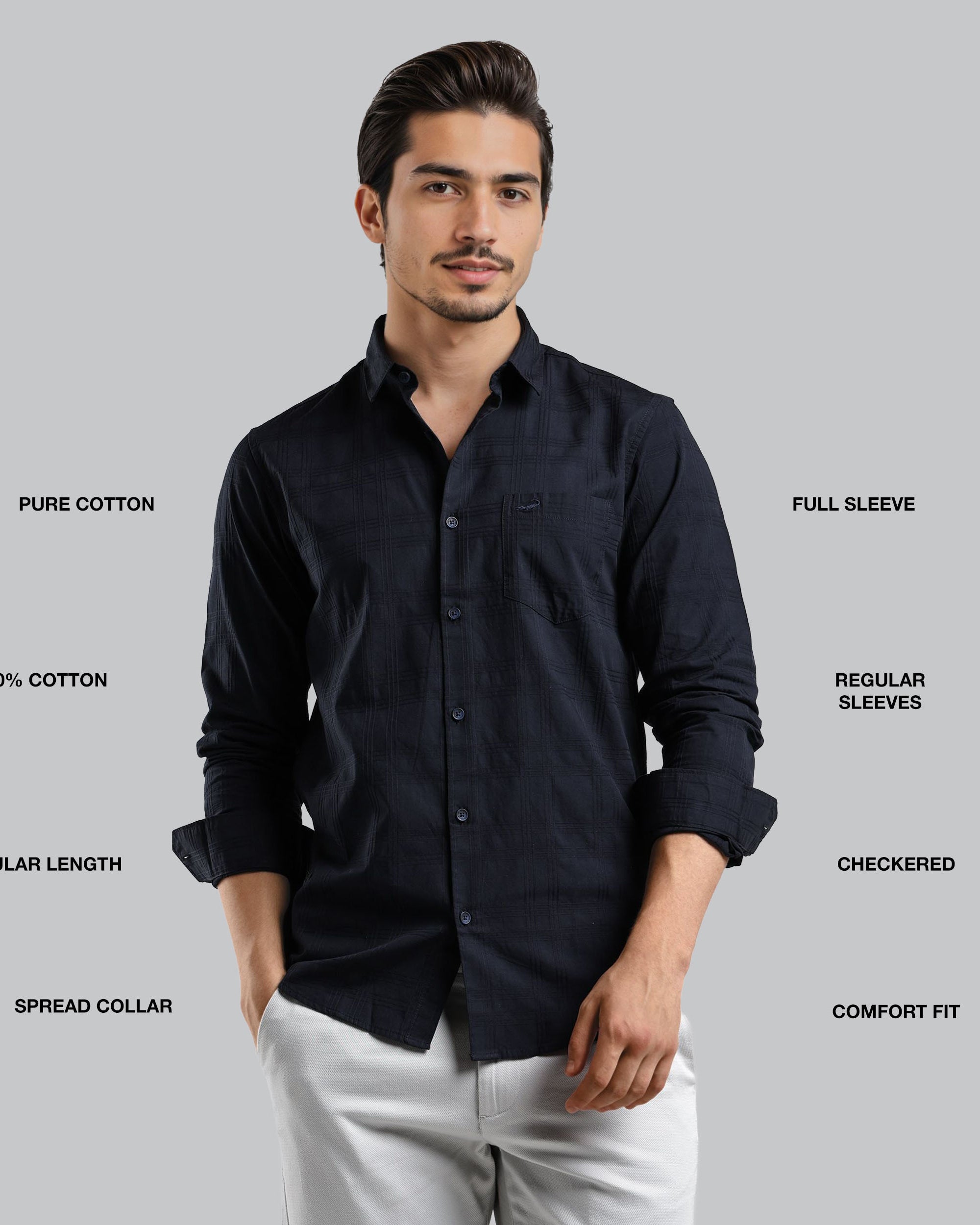 Man wearing a black shirt with text describing features on a gray background