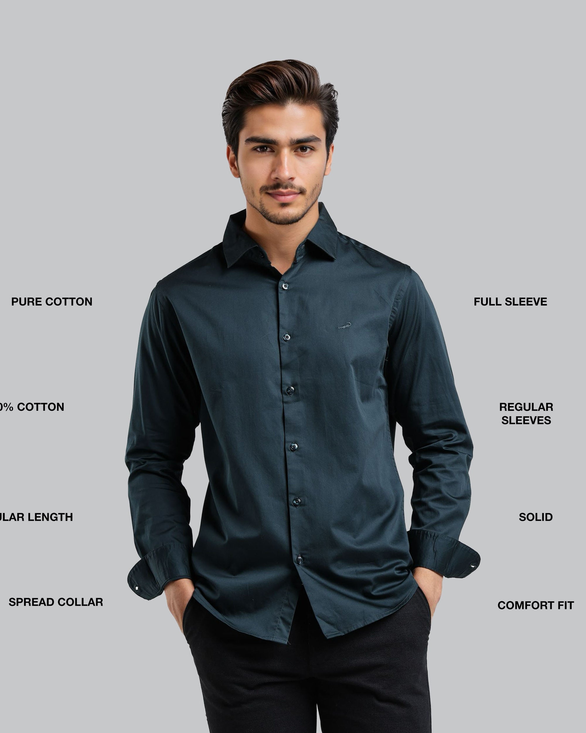 Man wearing a dark gray shirt with text detailing shirt features on a gray background