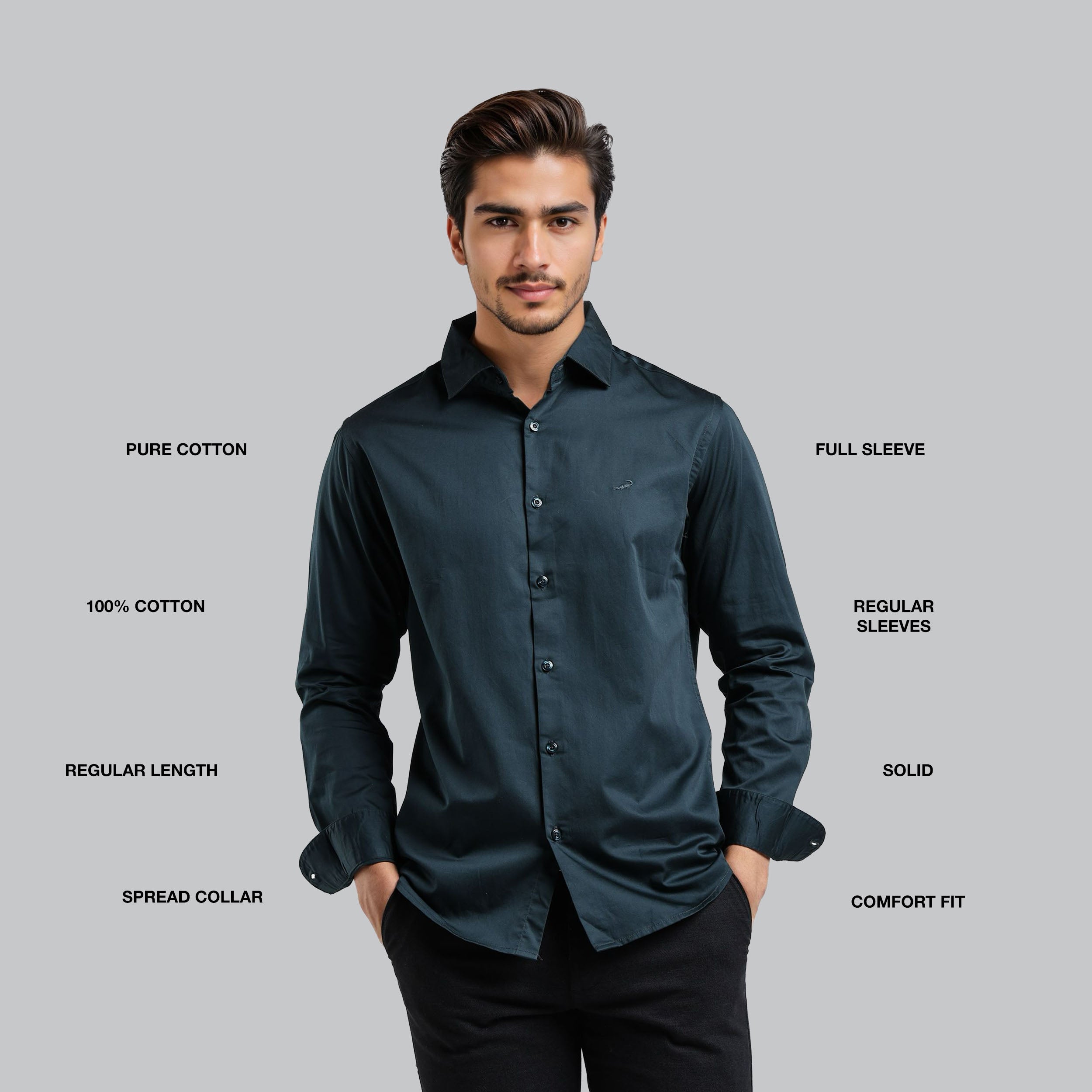 Man wearing a dark gray shirt with text detailing shirt features on a gray background