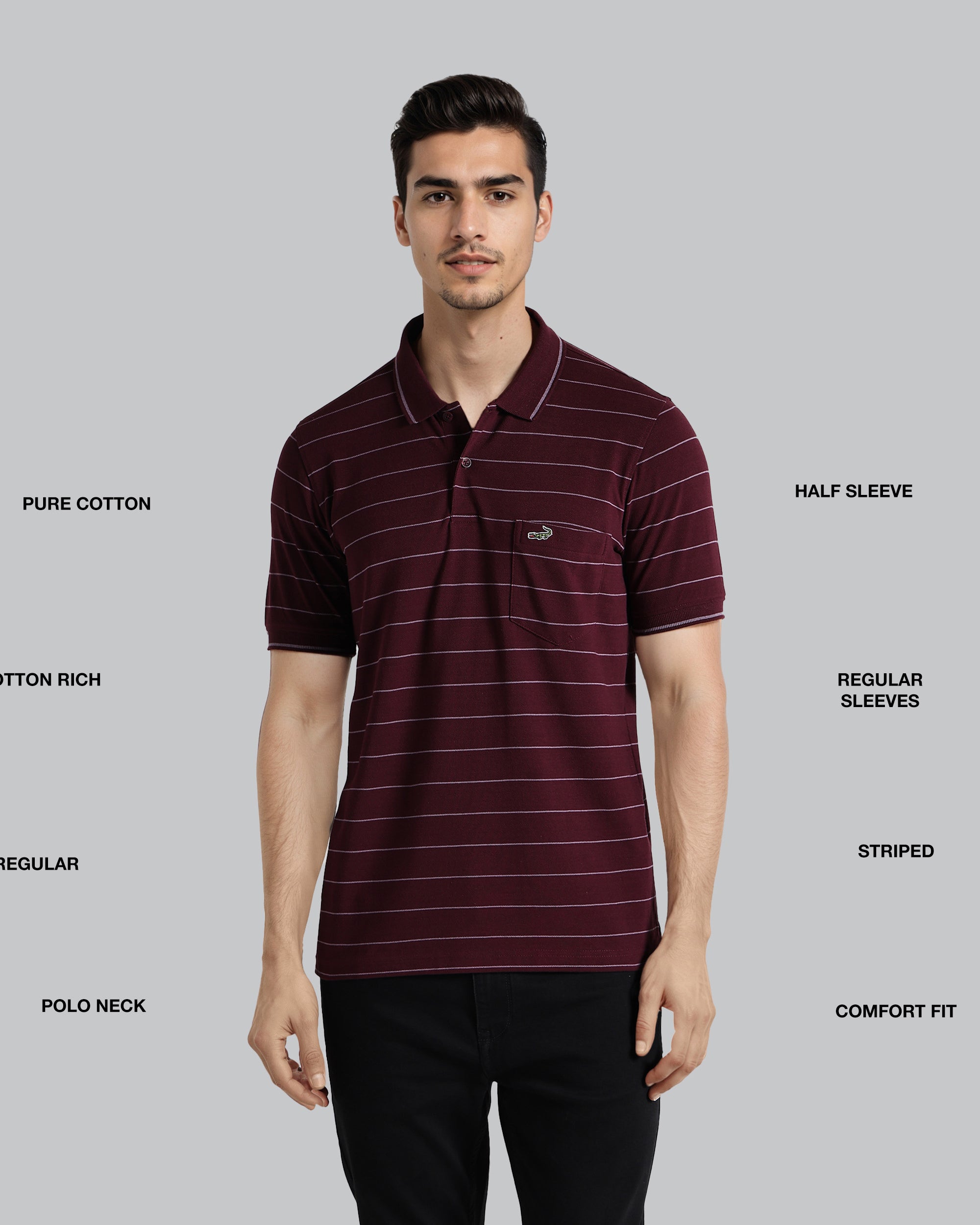 Man wearing a maroon striped polo shirt on a gray background with text describing features.