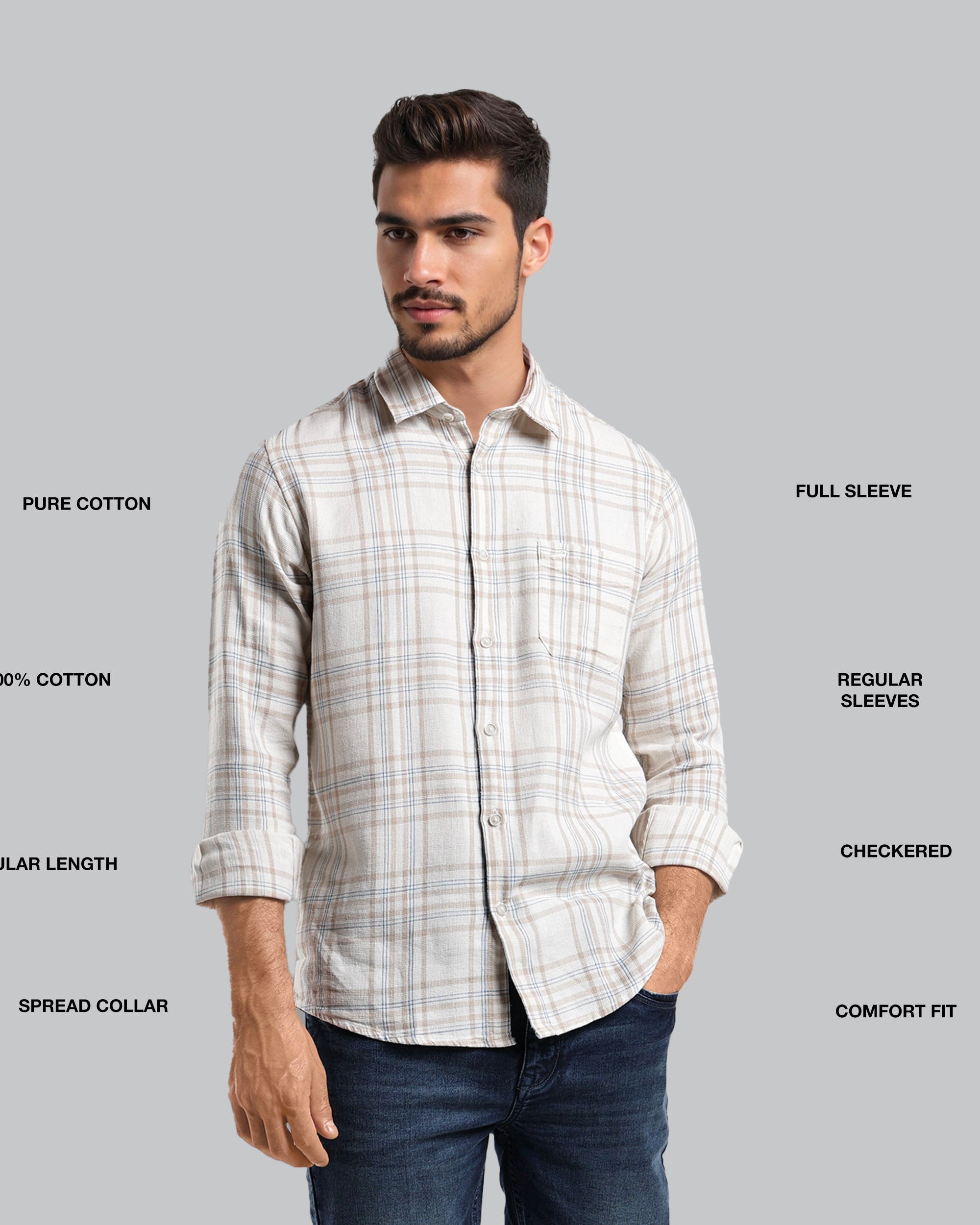 Man wearing a checkered shirt with text describing features on a gray background