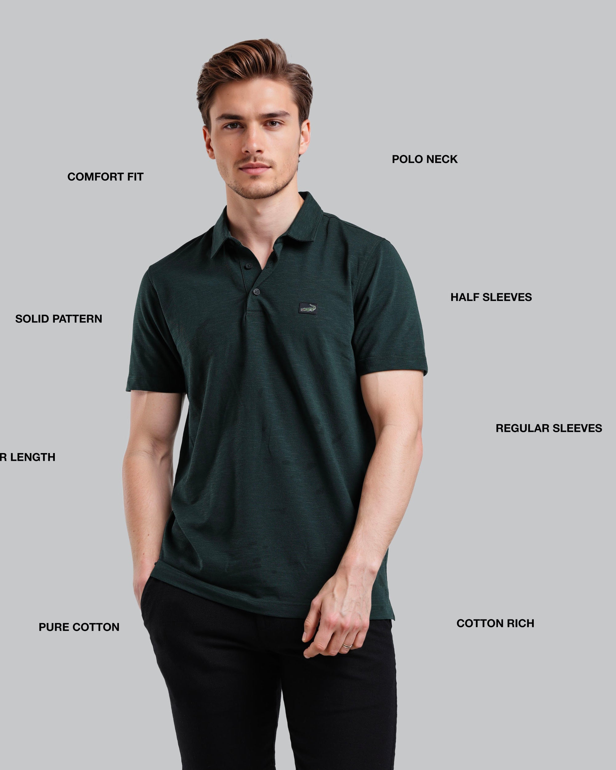 Man wearing a green polo shirt with text labels on a gray background