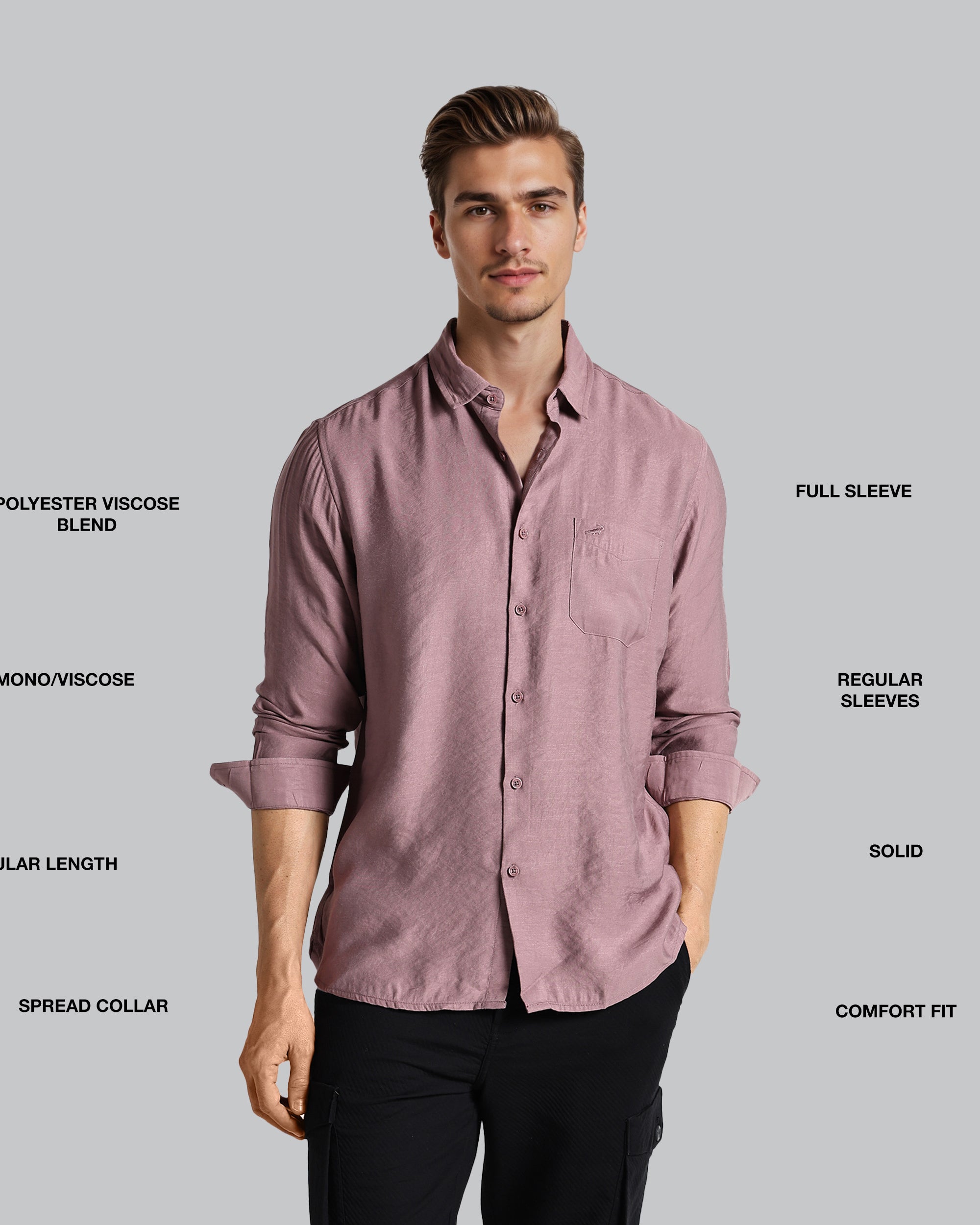 Man wearing a mauve shirt with text labels on a gray background