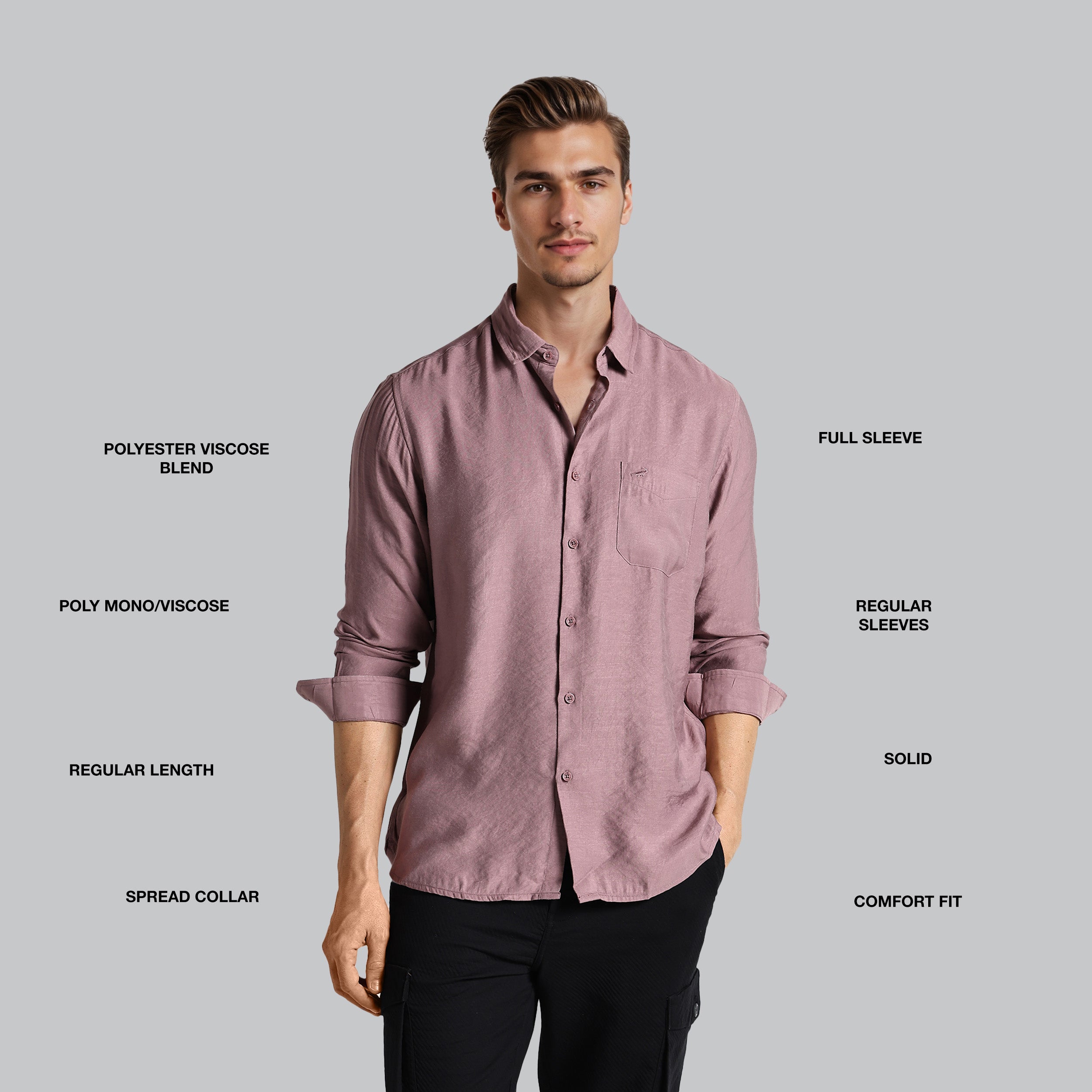 Man wearing a mauve shirt with text labels on a gray background