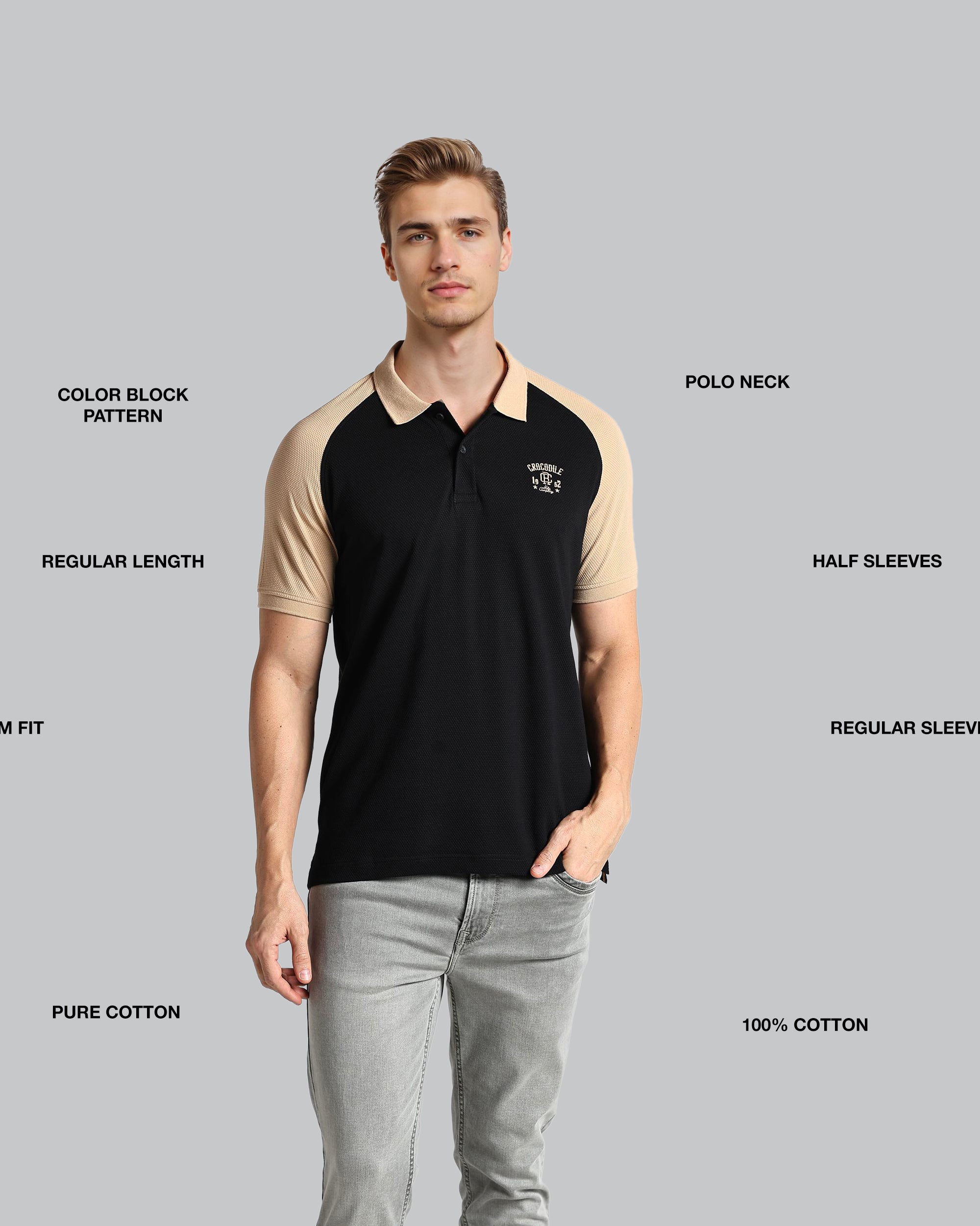 Man wearing a black and beige polo shirt with text labels on a gray background