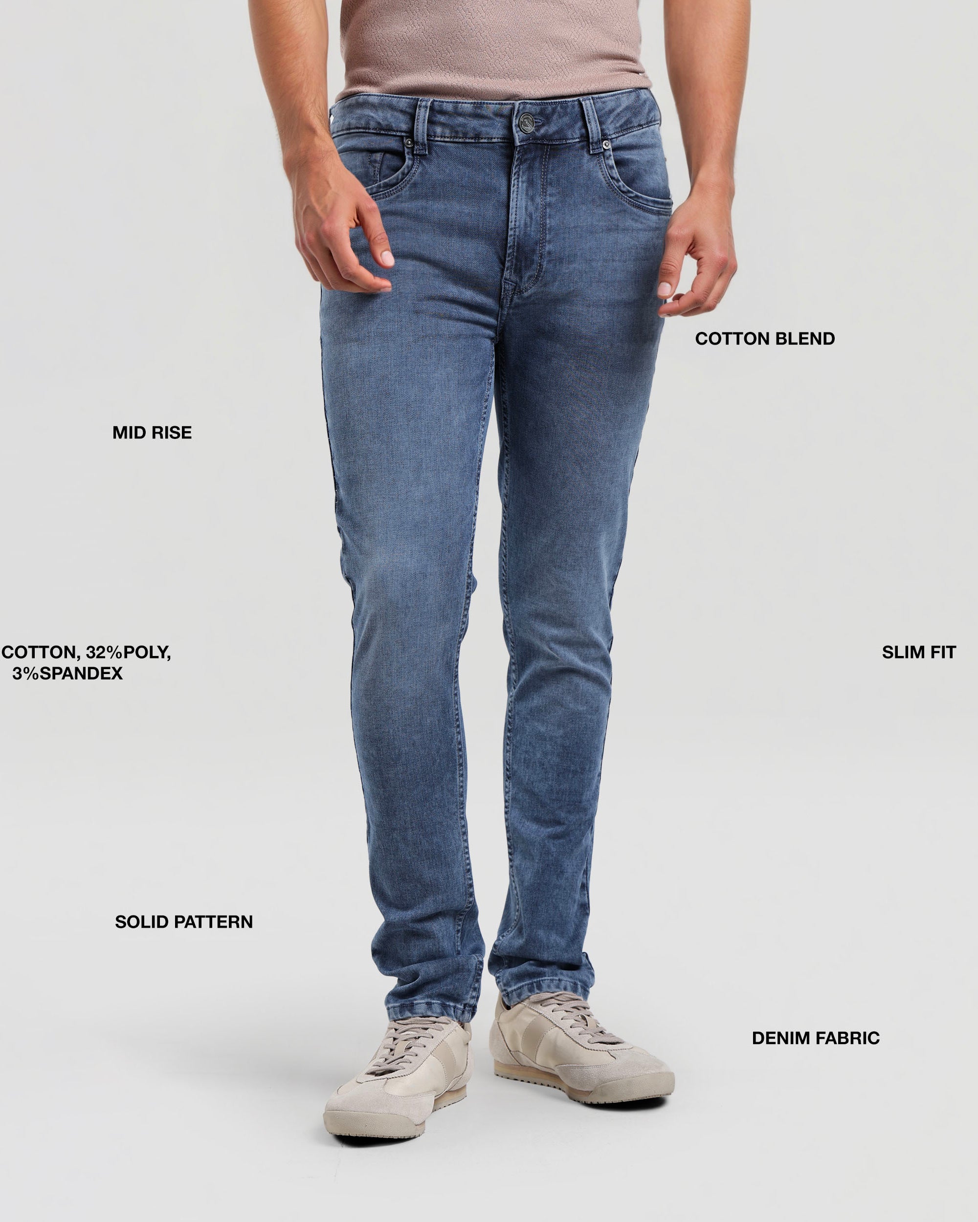 Blue jeans with text detailing features on a white background