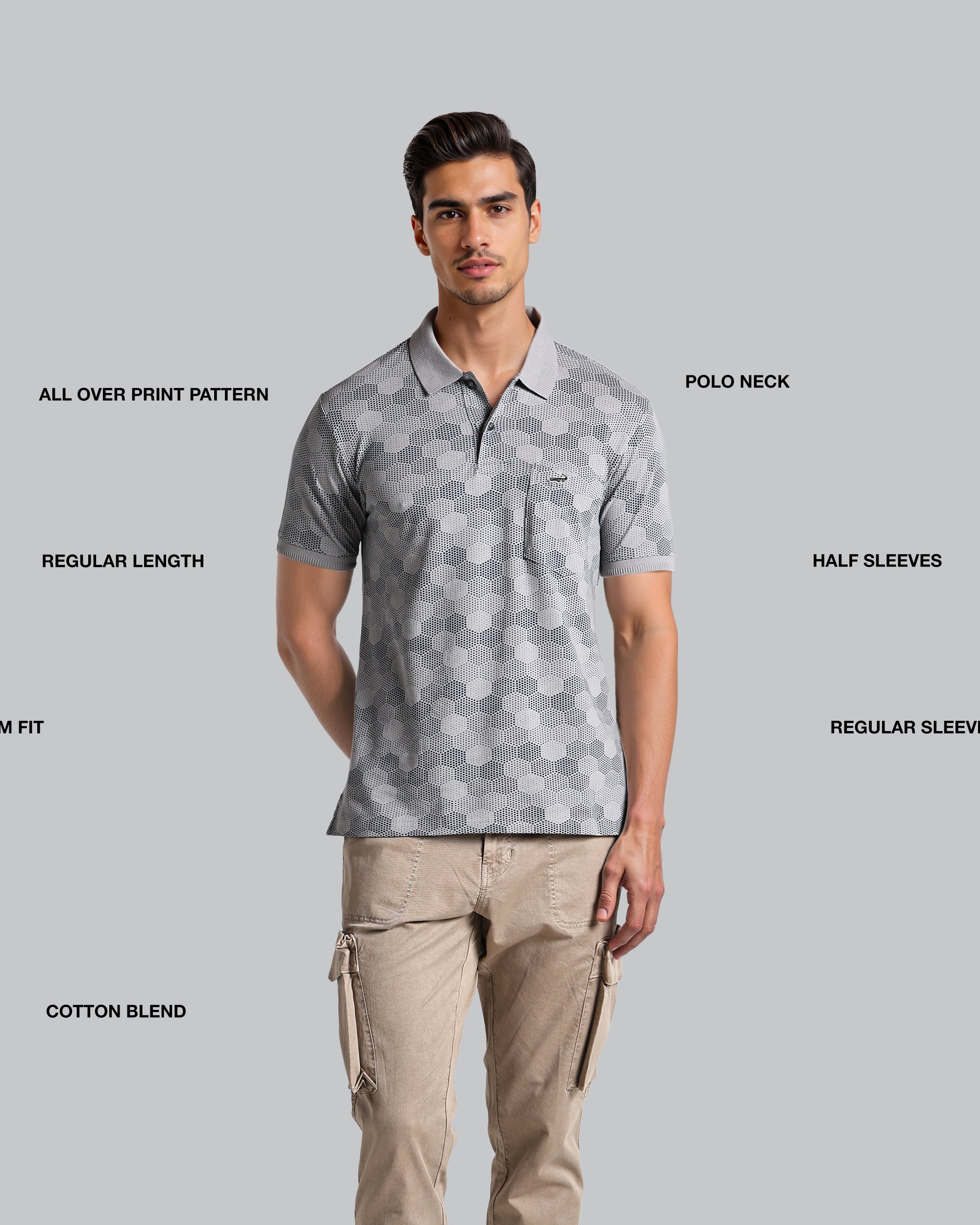 Man wearing a gray patterned polo shirt with text labels on a gray background