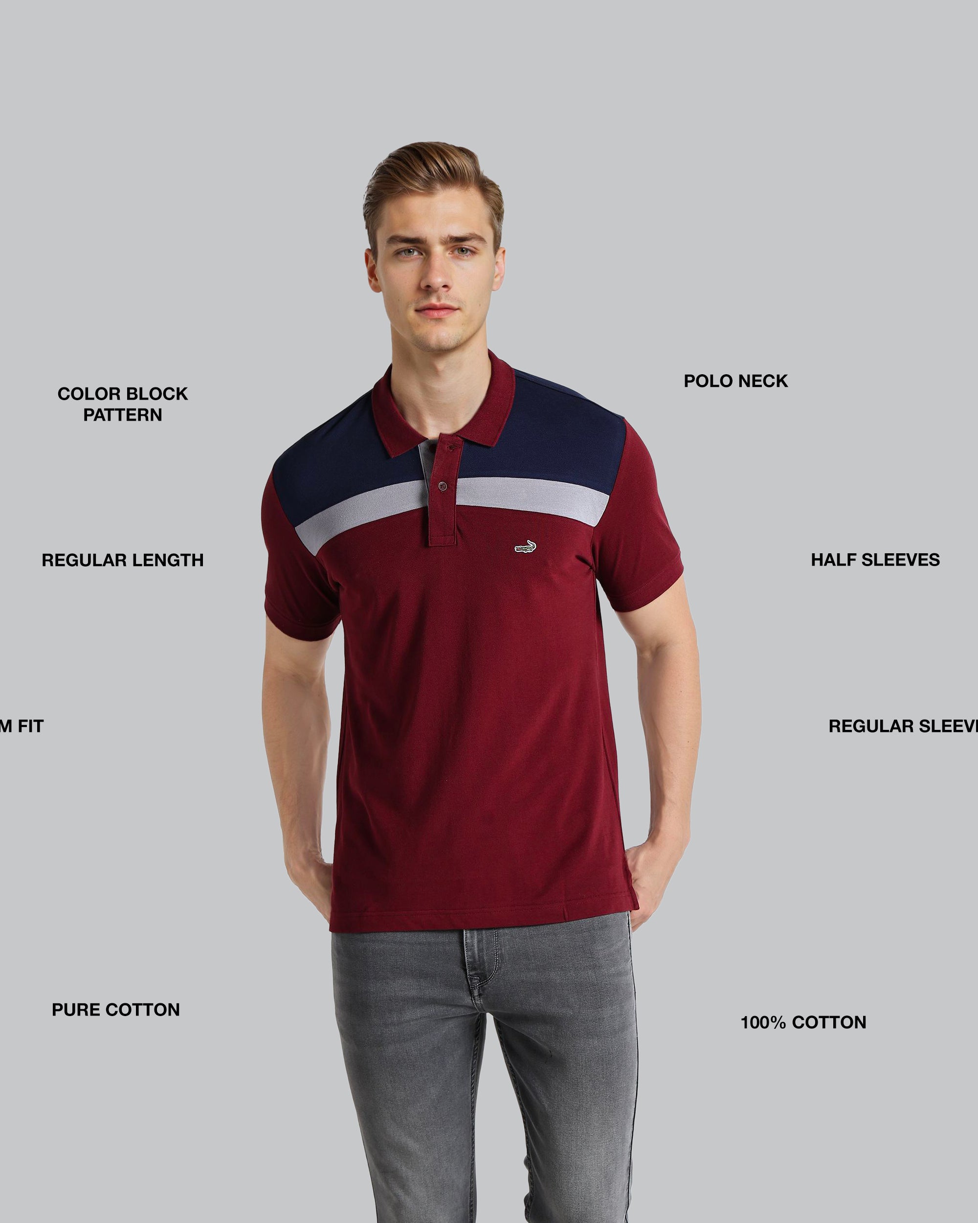 Man wearing a maroon and navy polo shirt with text labels on a gray background