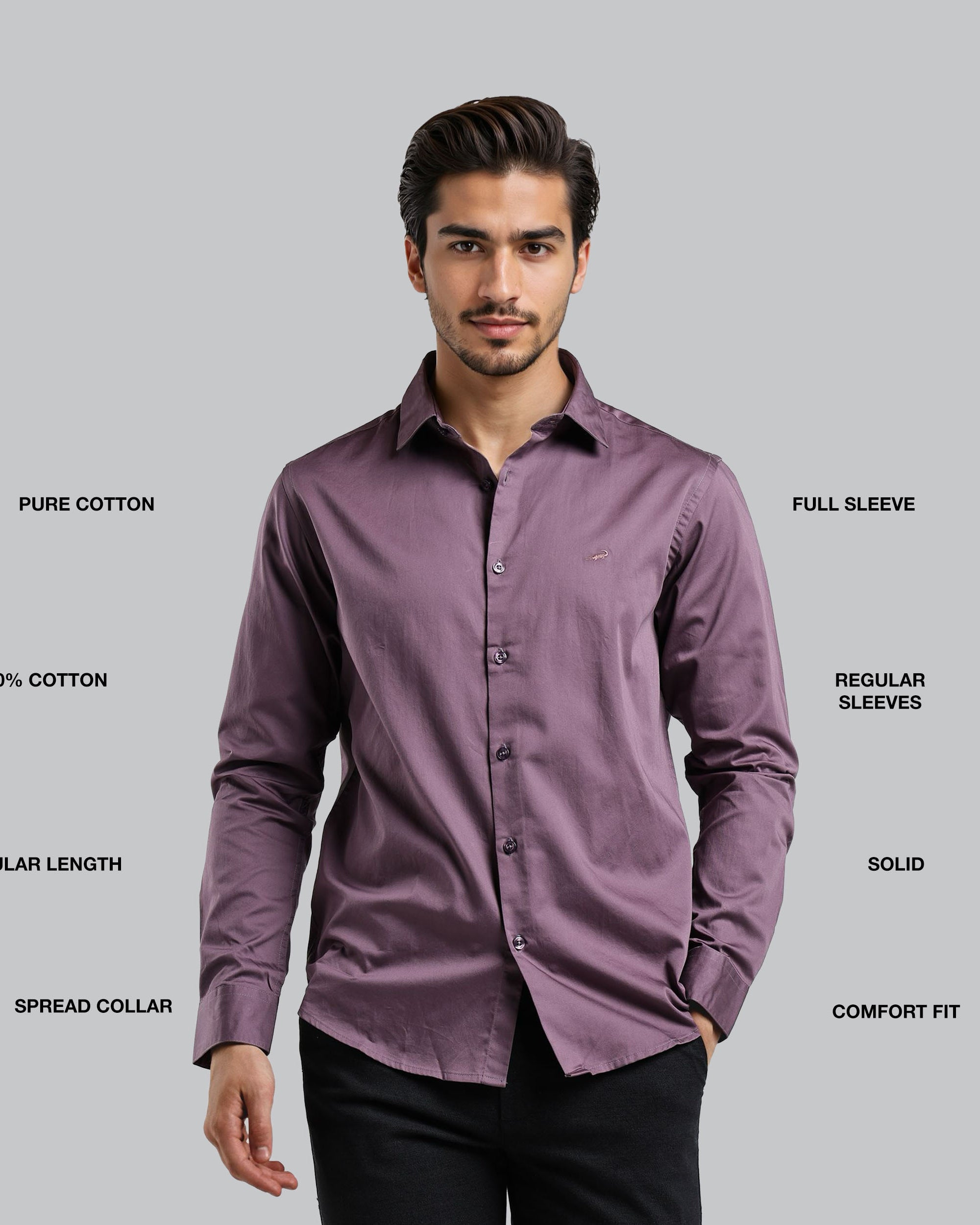Man wearing a purple shirt with text detailing shirt features on a gray background