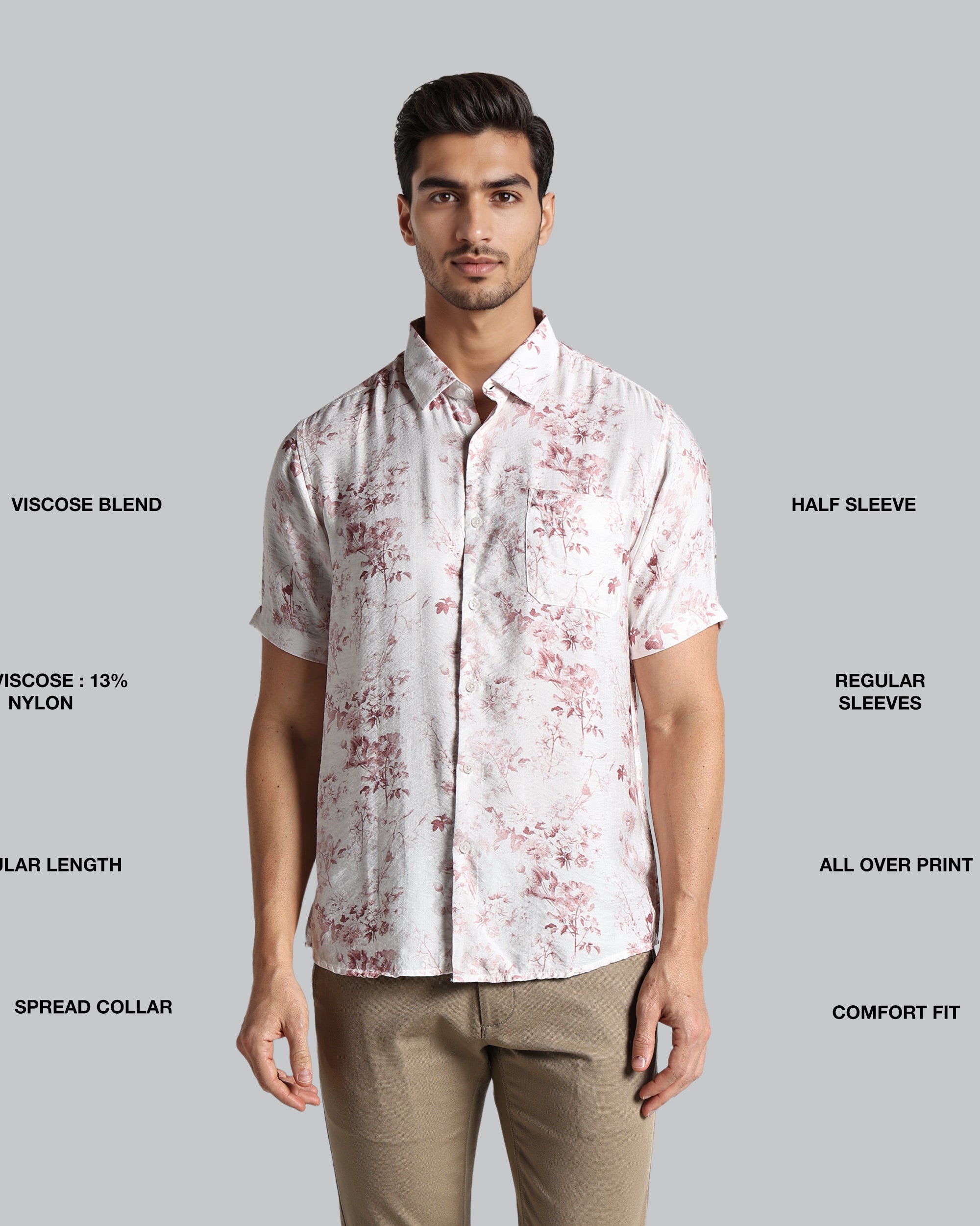 Man wearing a floral shirt with text describing fabric blend, sleeve length, and other details on a gray background