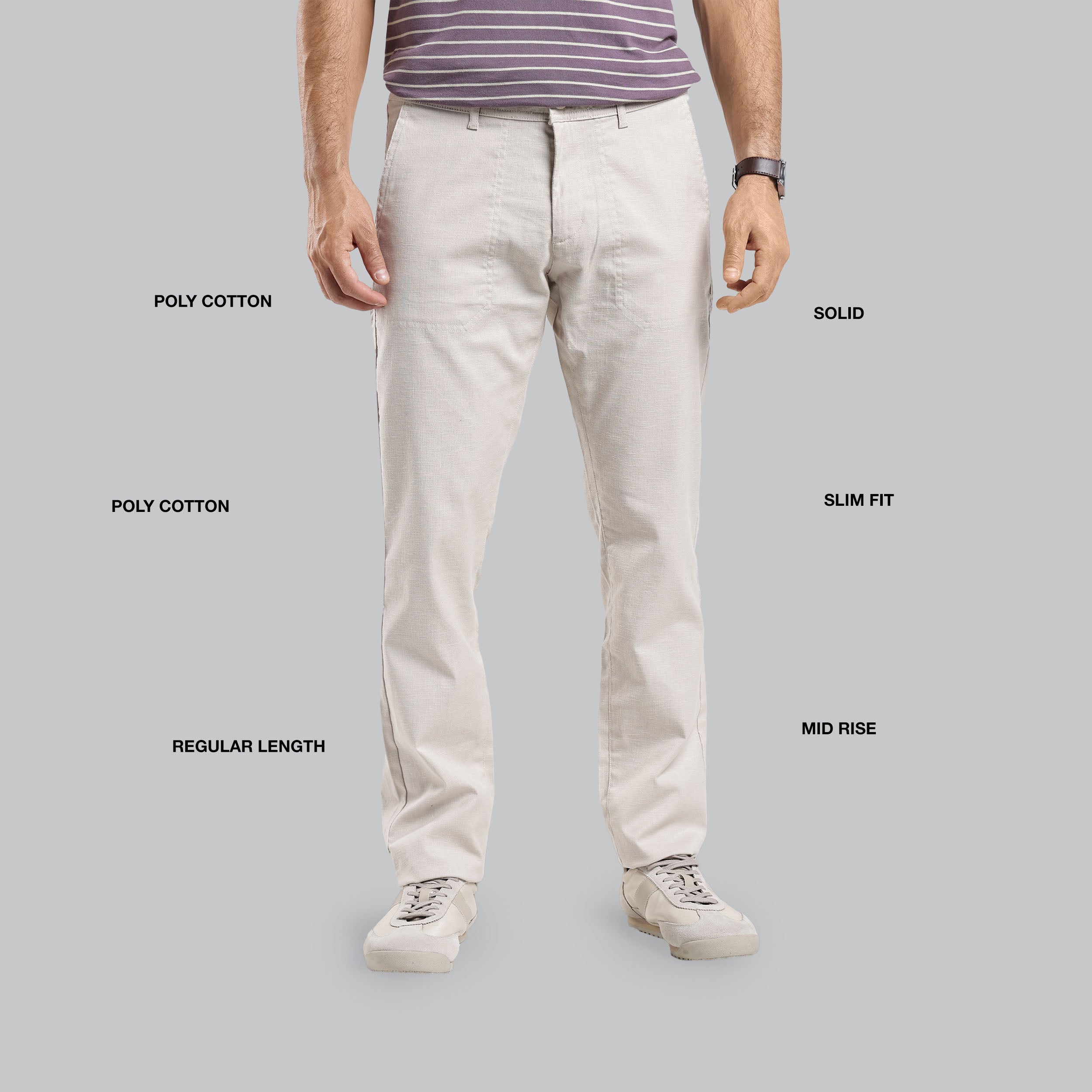 Person wearing beige pants with text labels on a gray background