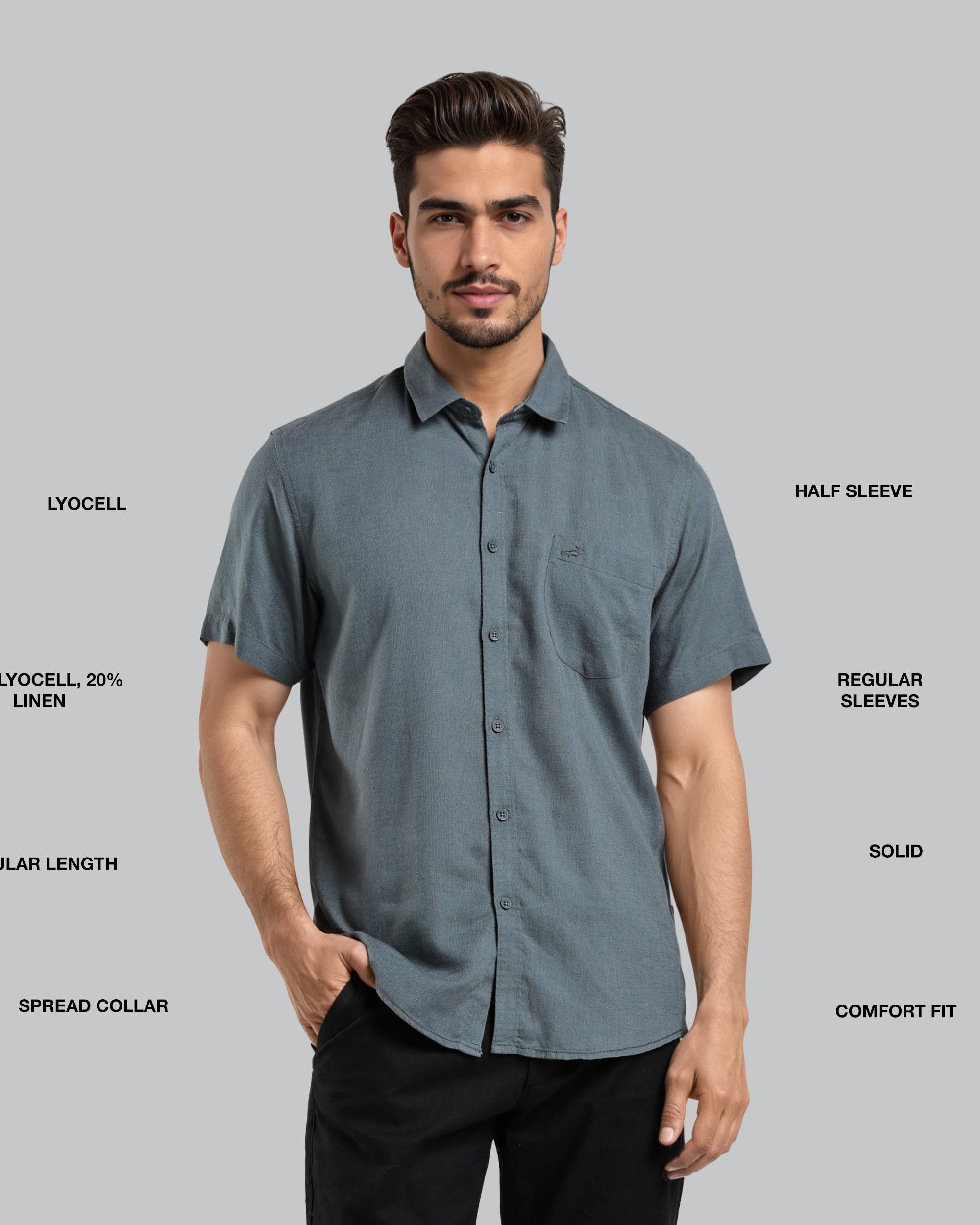Man wearing a gray short-sleeve shirt with text detailing fabric composition and style features on a gray background