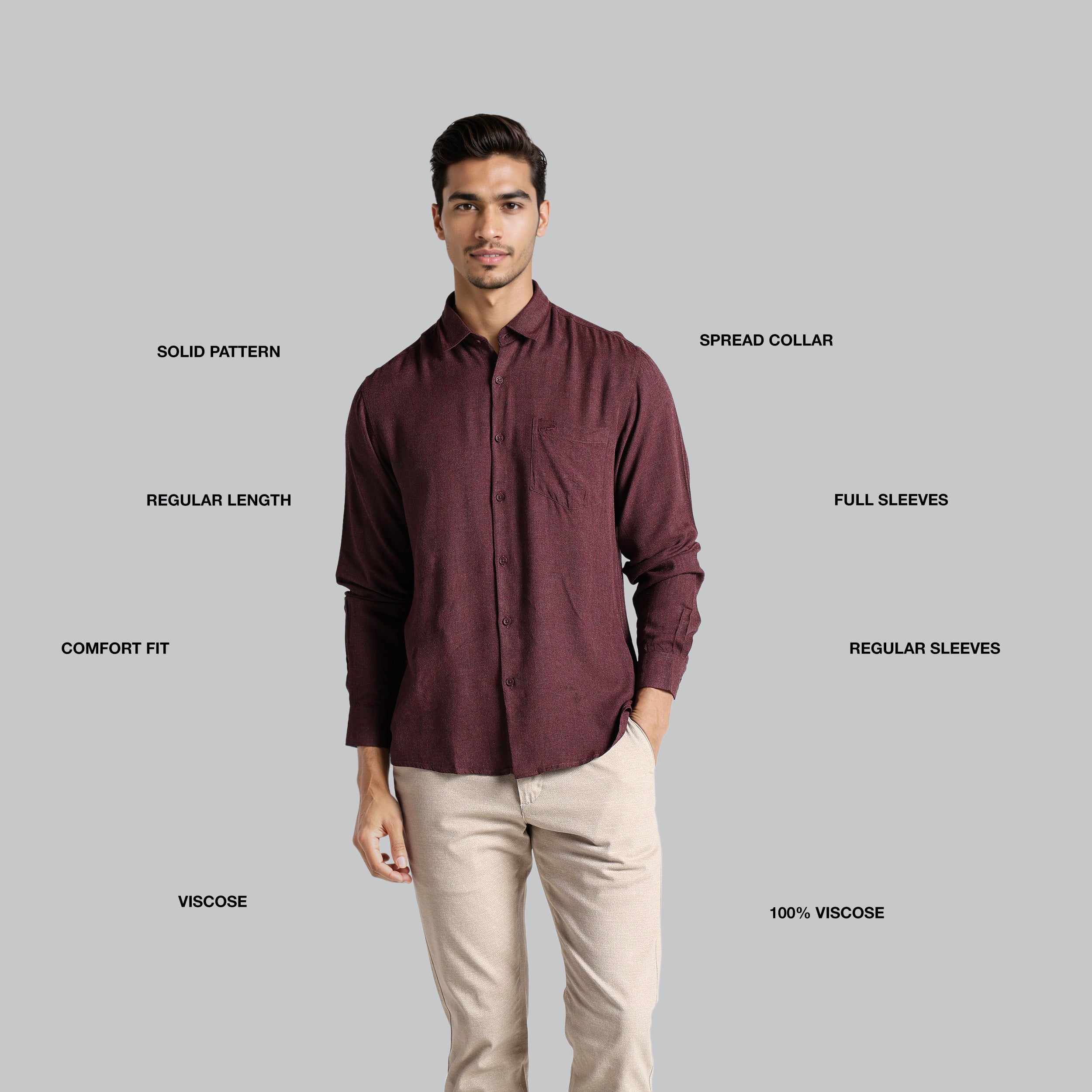 Man wearing a maroon shirt with text labels on a gray background