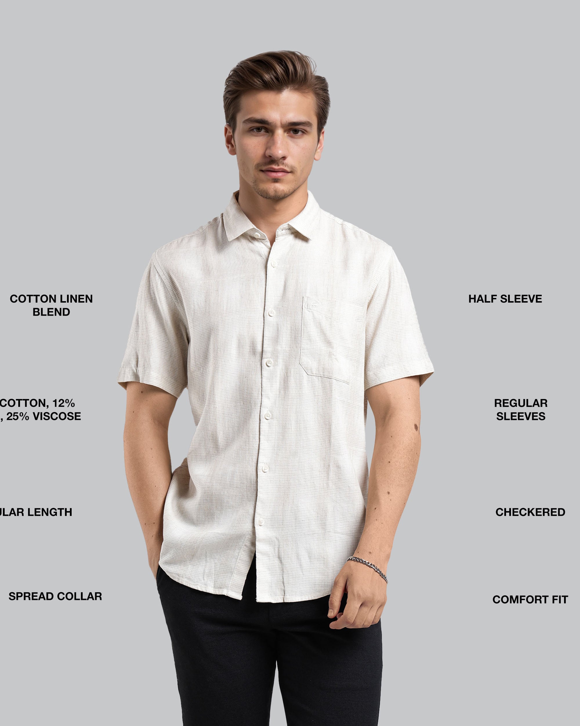 Man wearing a white checkered shirt with text describing fabric blend, sleeve length, and other features on a gray background