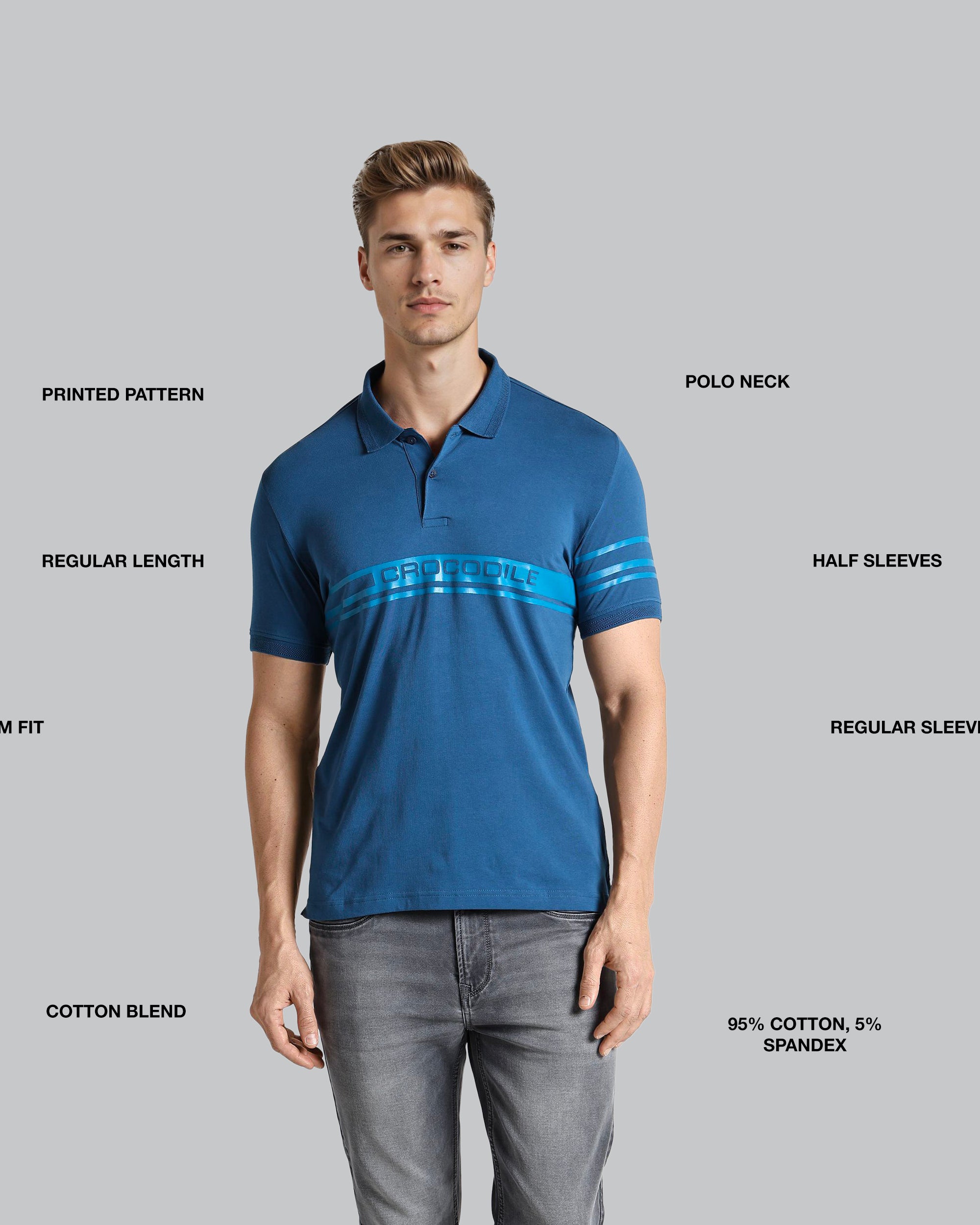 Man wearing a blue polo shirt with text labels on a gray background