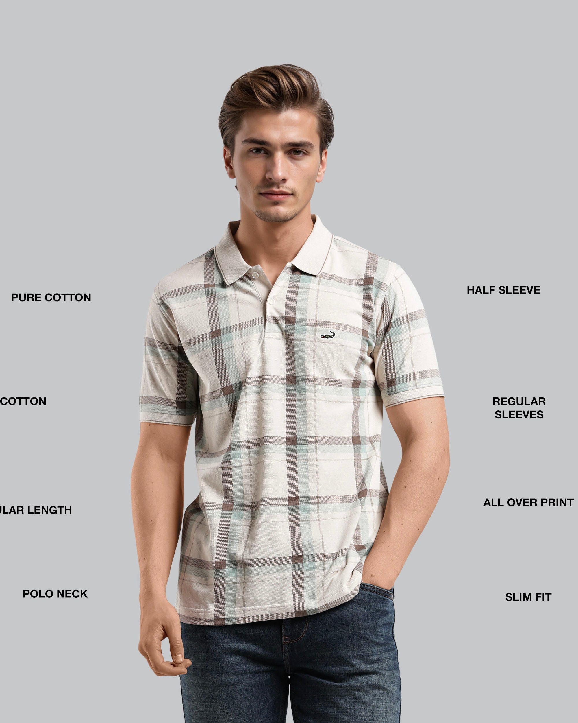 Man wearing a plaid shirt with text labels on a gray background
