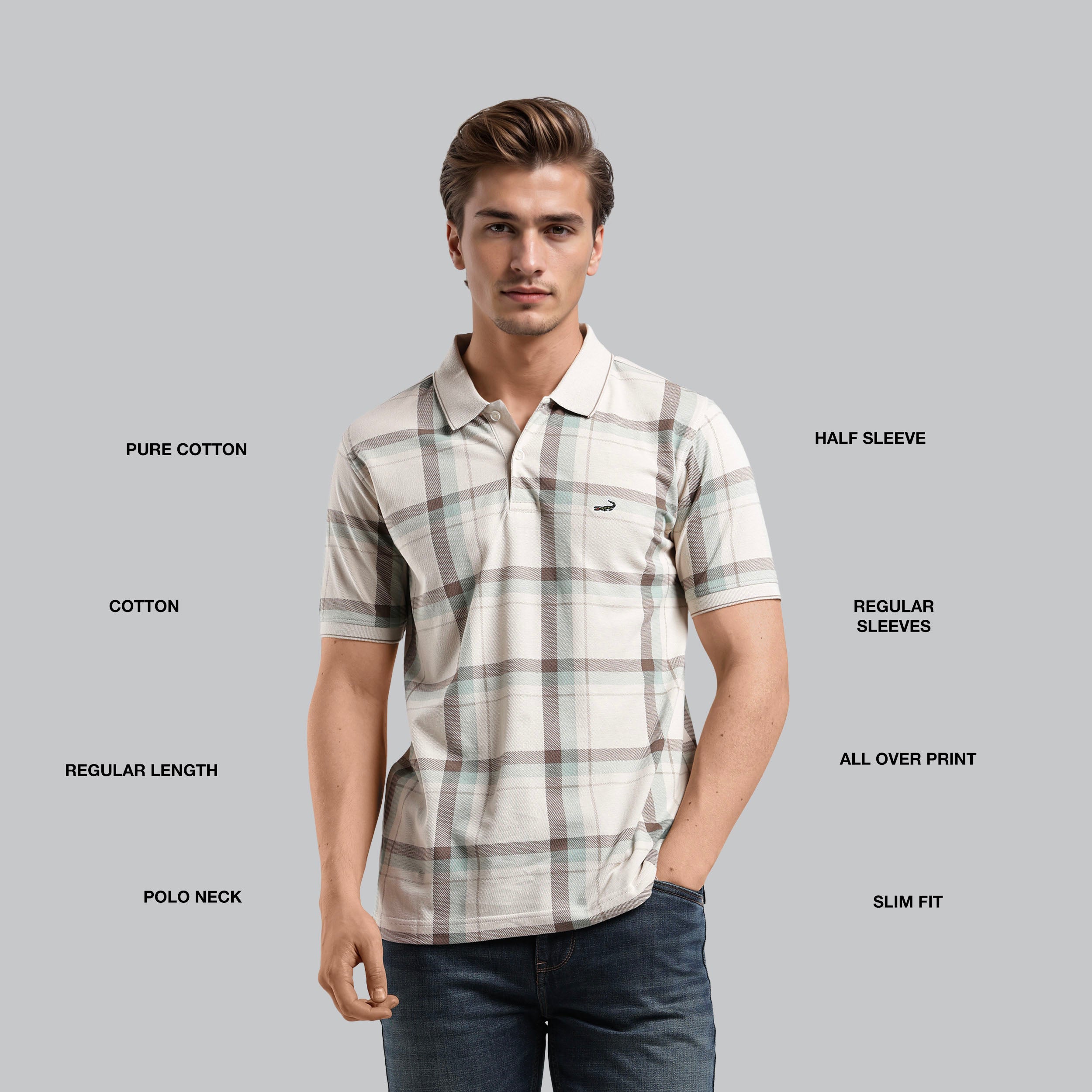 Man wearing a plaid shirt with text labels on a gray background