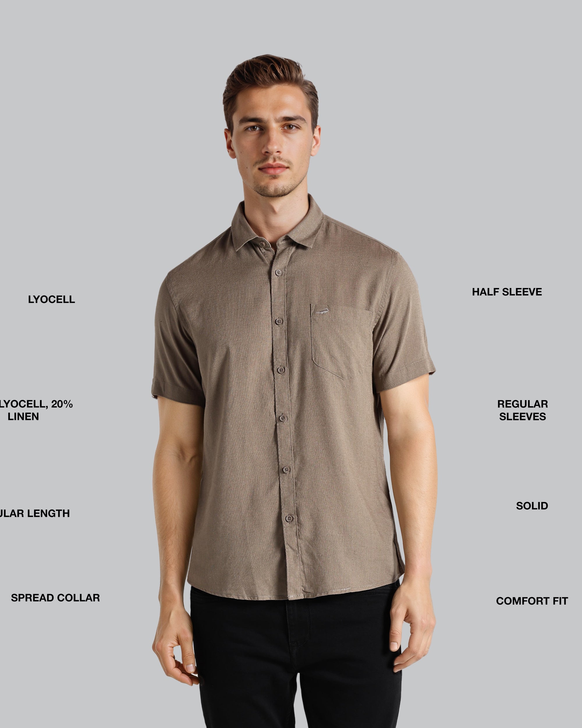 Man wearing a brown short-sleeve shirt with text labels on a gray background