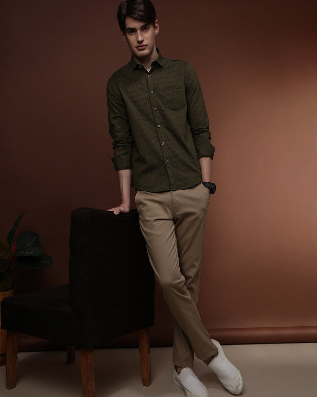 Moss Green Full Sleeve Comfort Fit Stripes Shirt