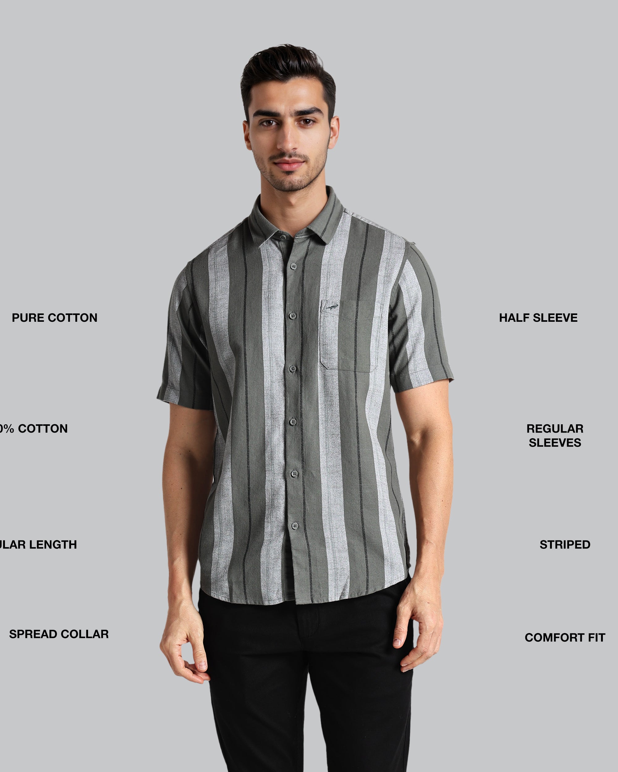 Man wearing a gray striped shirt with text describing features on a gray background