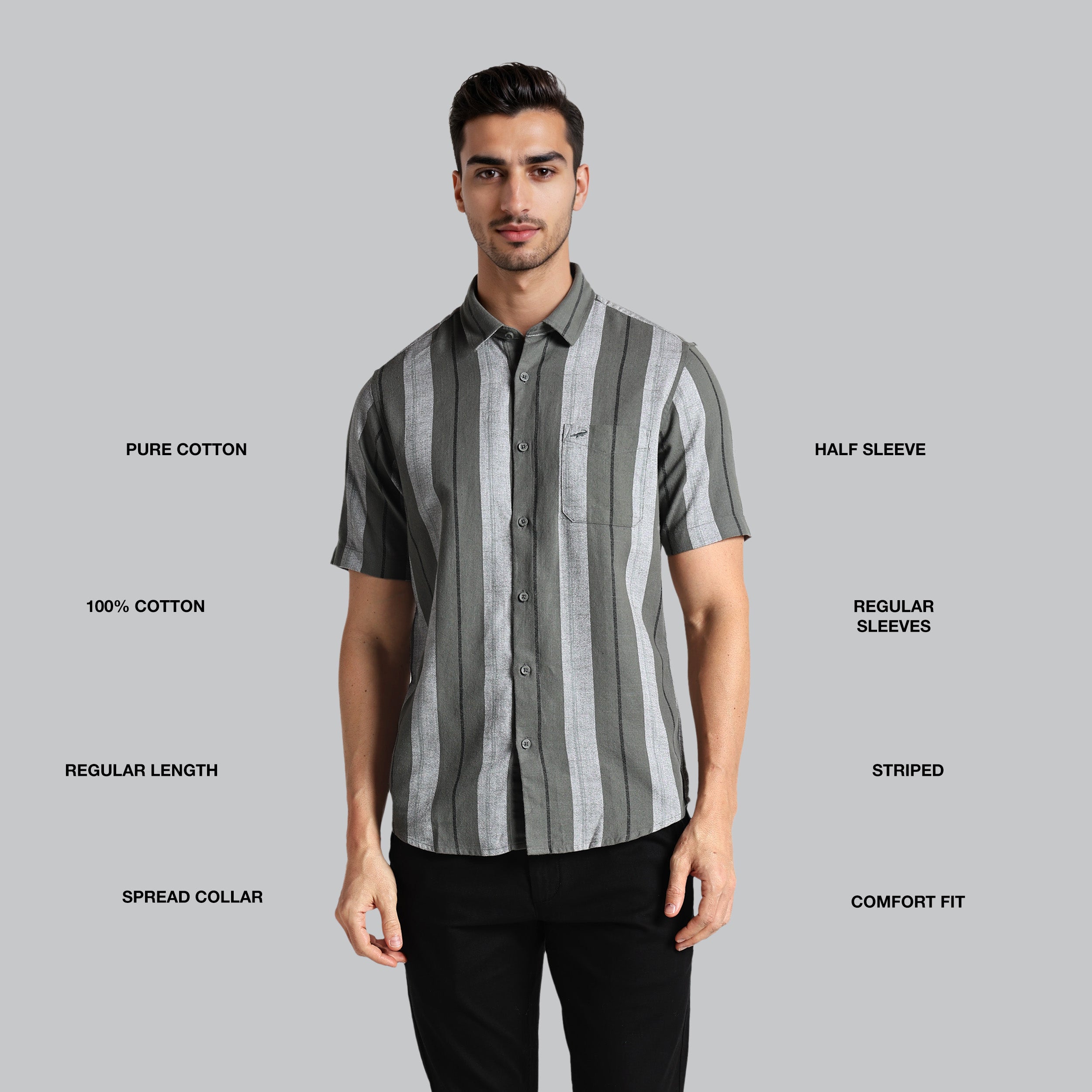 Man wearing a gray striped shirt with text describing features on a gray background