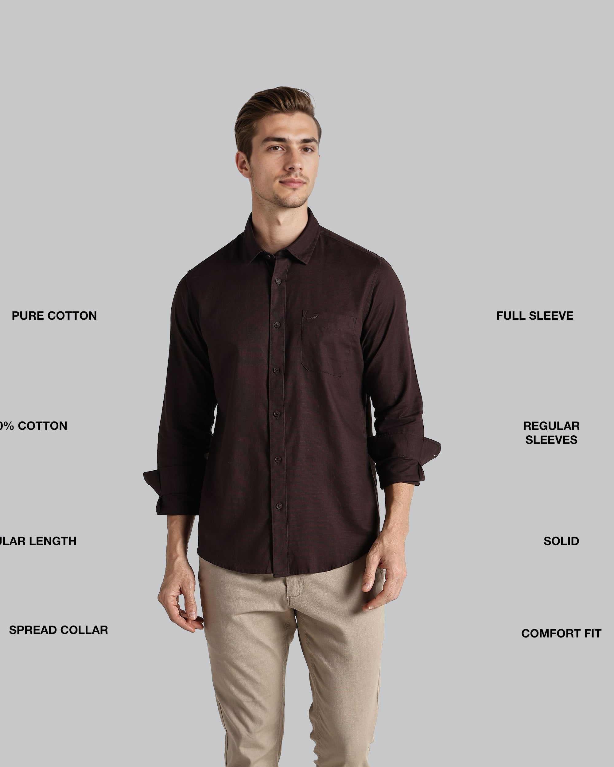 Man wearing a brown shirt with text describing features on a gray background