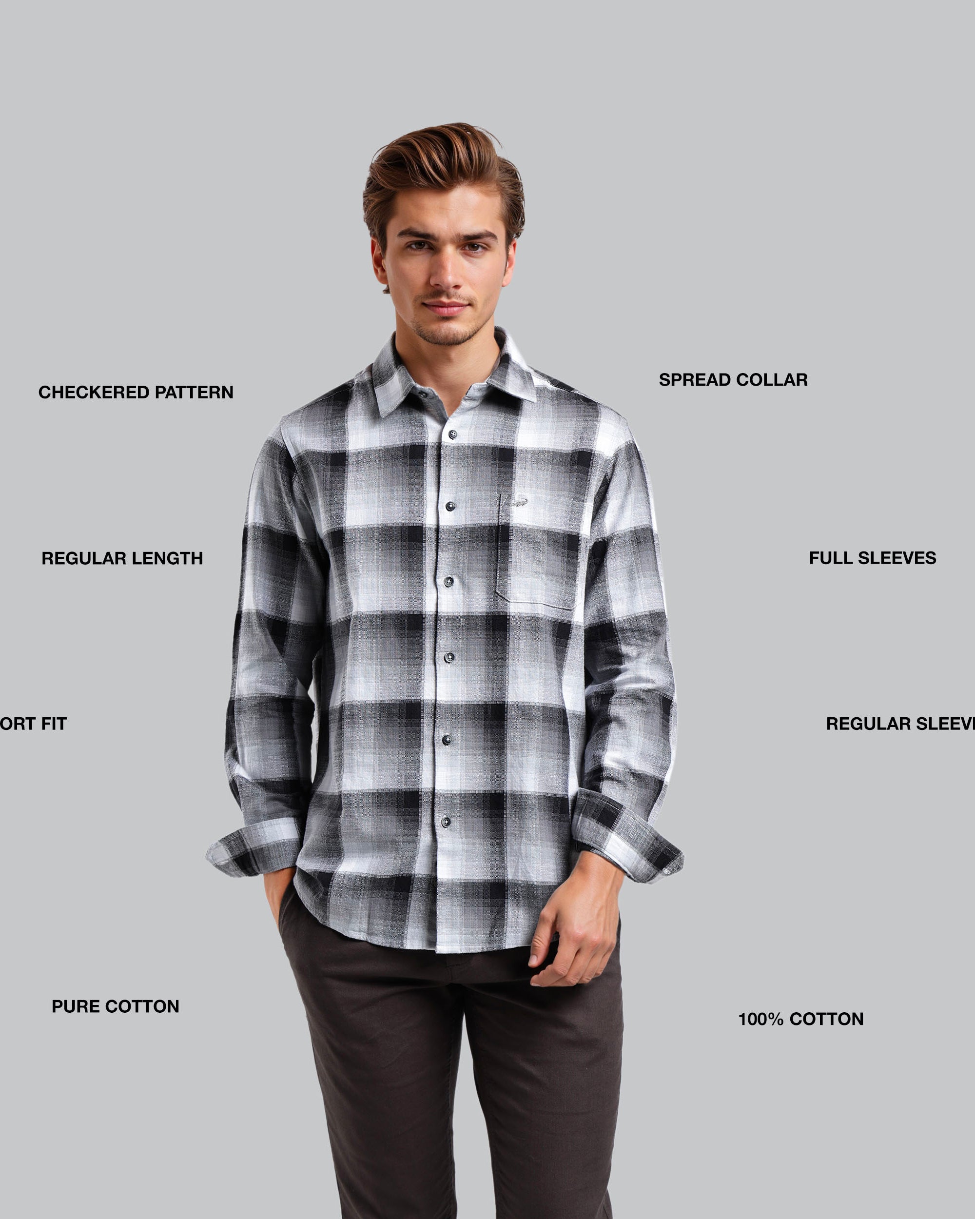 Man wearing a checkered pattern shirt with text labels on a gray background