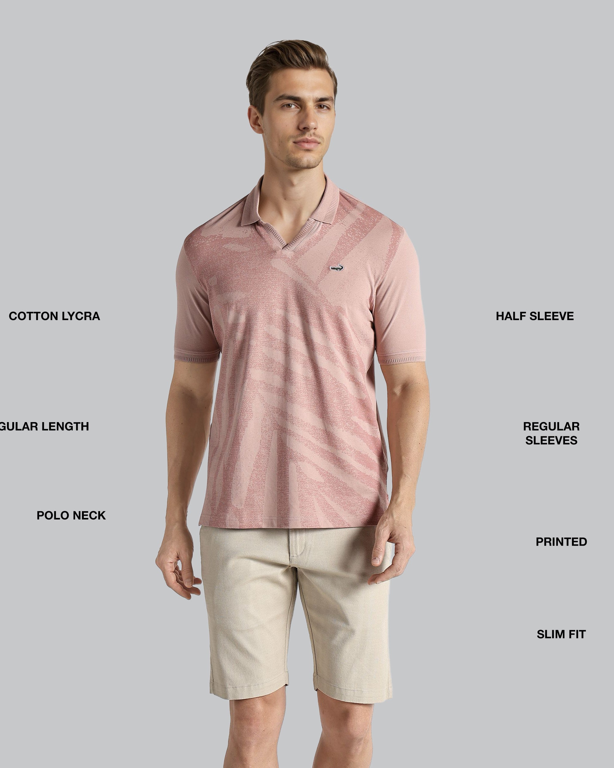 Man wearing a pink polo shirt with text labels on a gray background