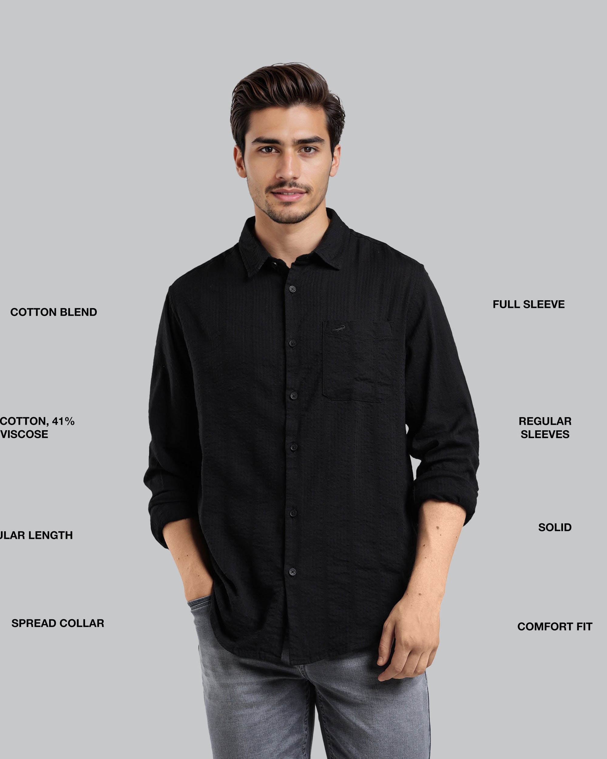 Man wearing a black shirt with text labels on a gray background