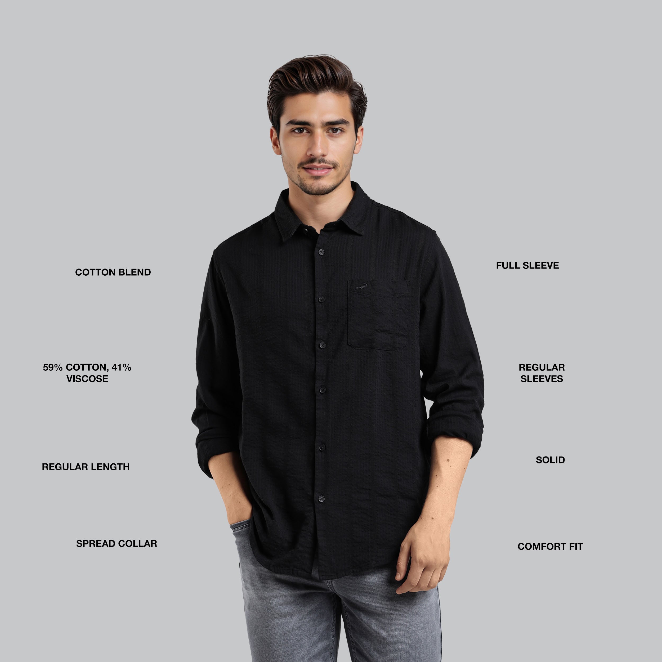 Man wearing a black shirt with text labels on a gray background