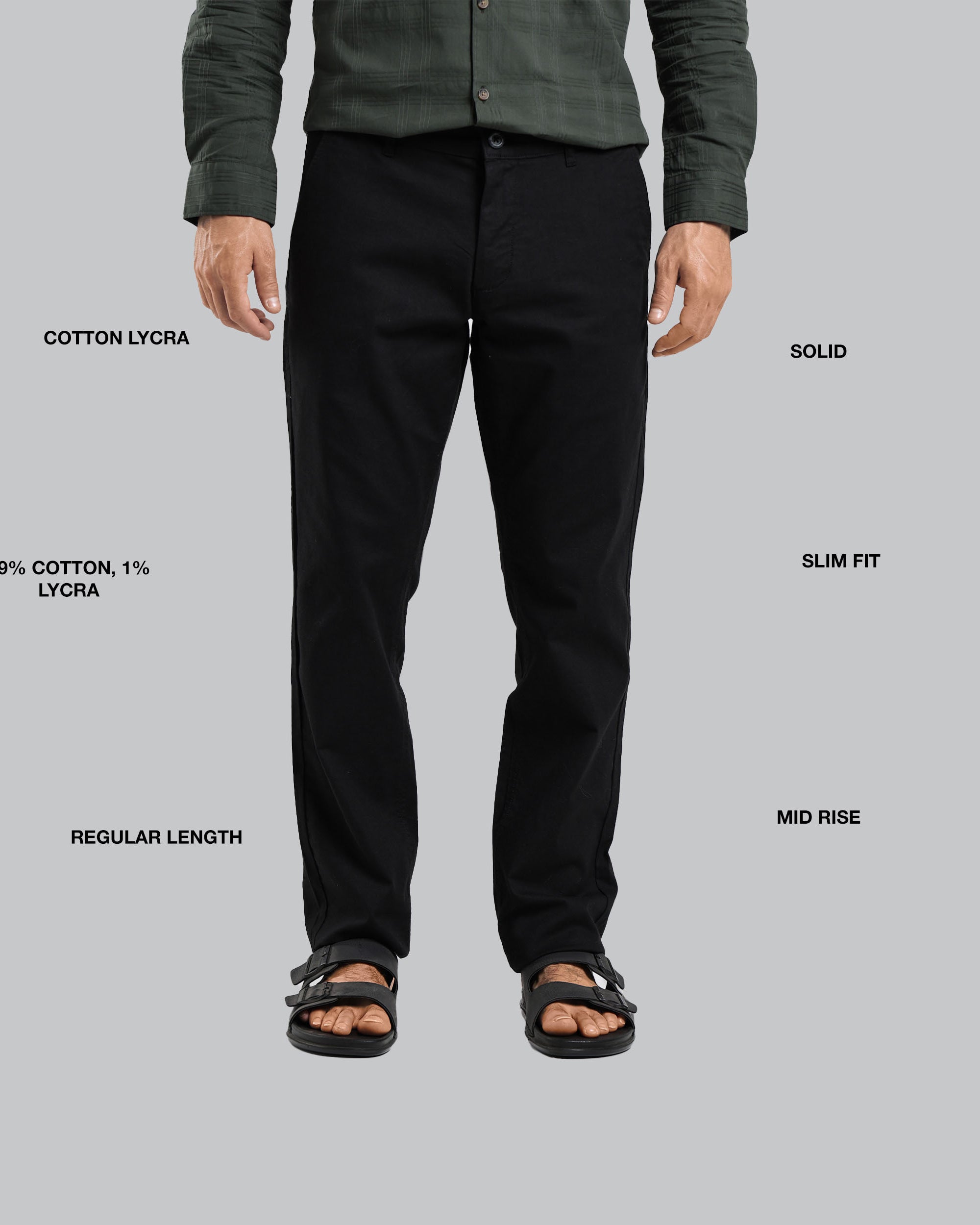 Person wearing black pants with text labels on a gray background