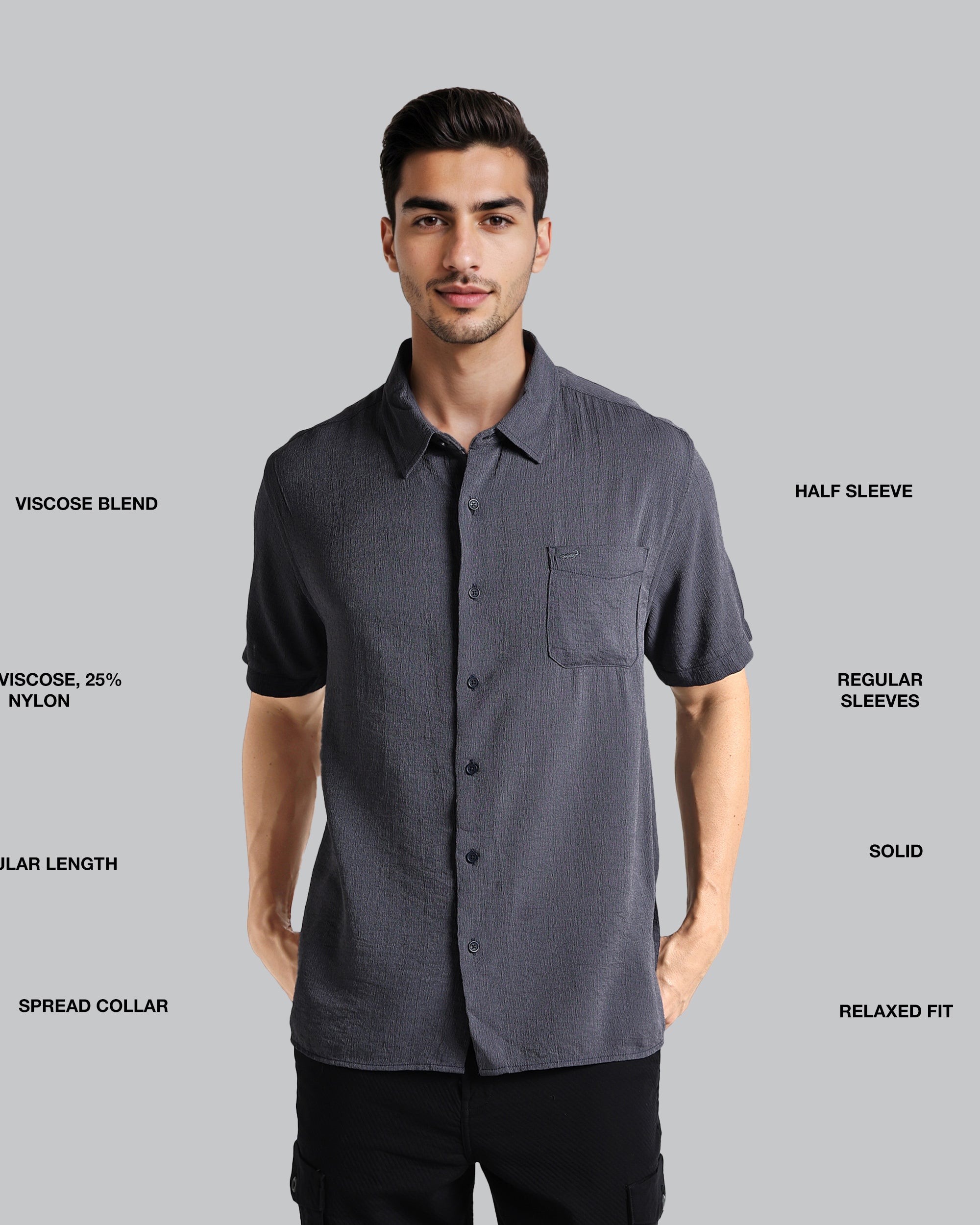 Man wearing a gray short-sleeve shirt with text detailing fabric blend, sleeve length, and other features on a gray background.