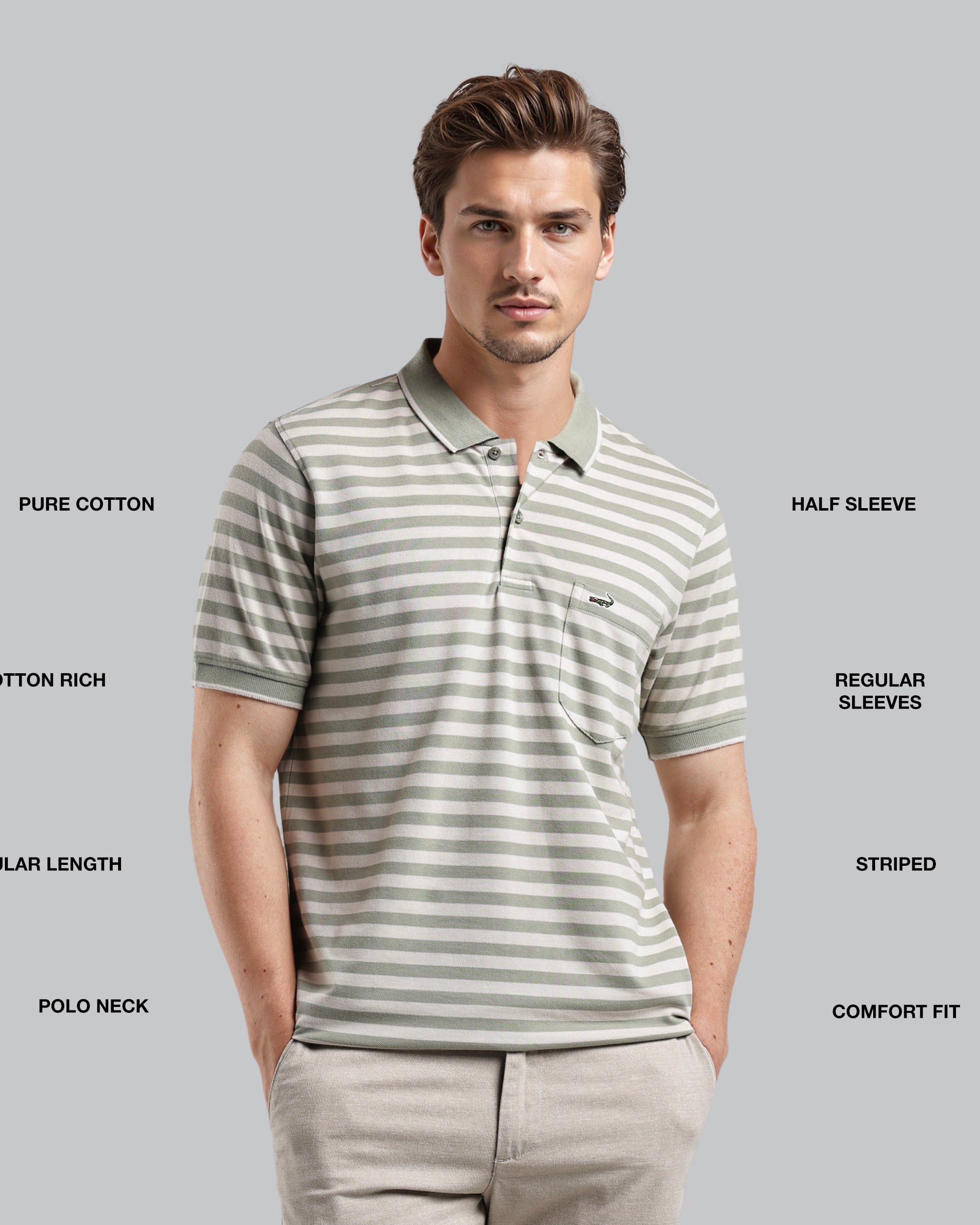 Man wearing a striped polo shirt with text describing features on a gray background