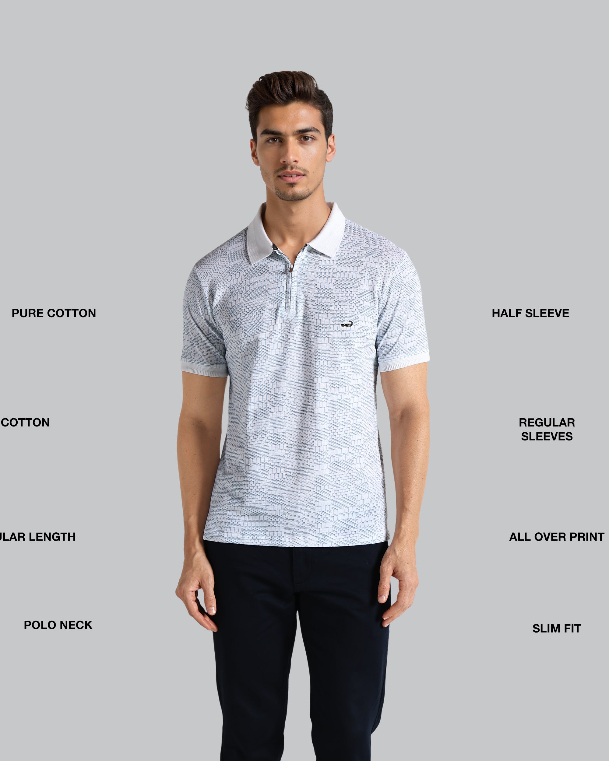 Man wearing a light gray polo shirt with text describing features on a gray background