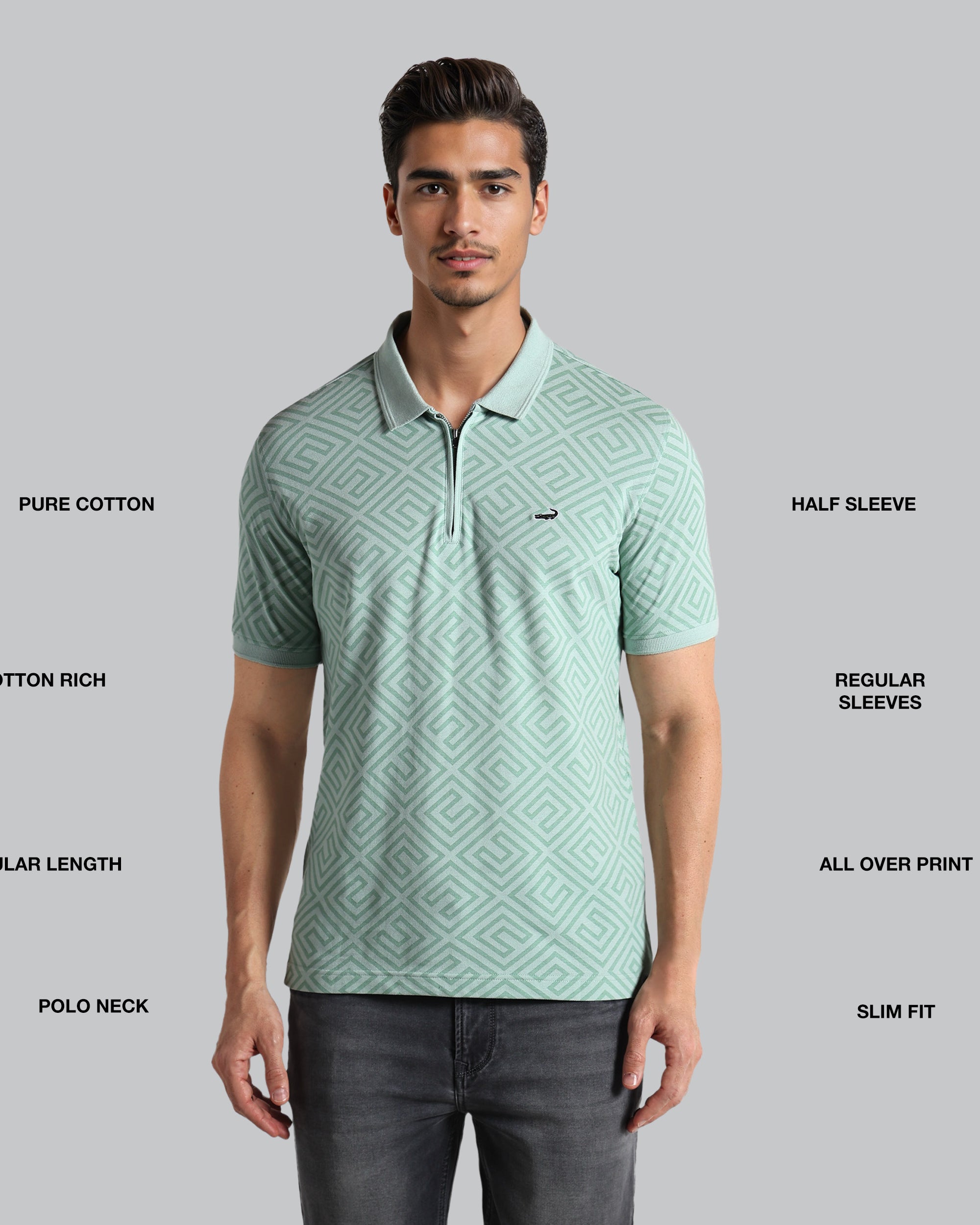 Man wearing a green patterned polo shirt with text describing features on a gray background