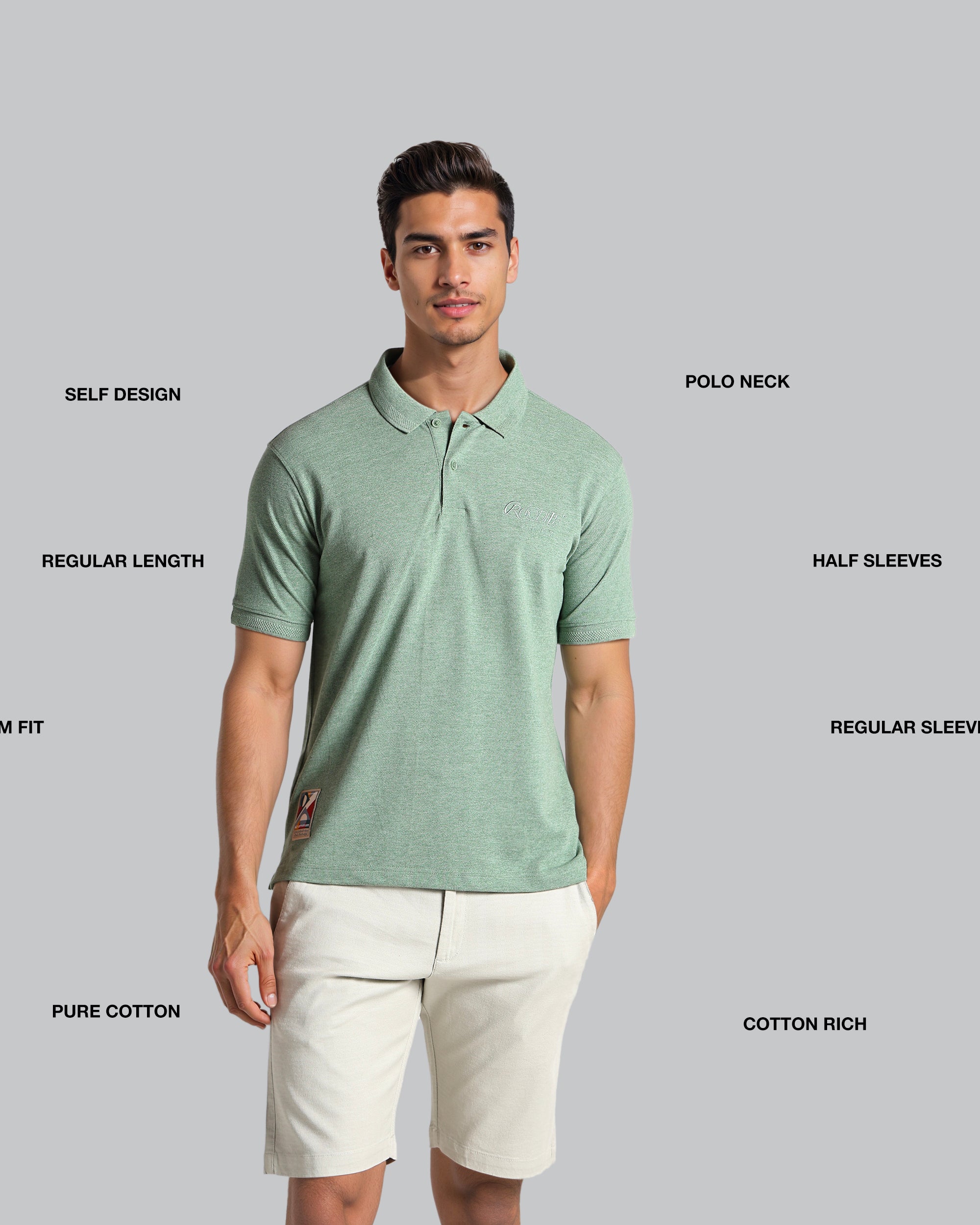 Man wearing a green polo shirt with text labels on a gray background