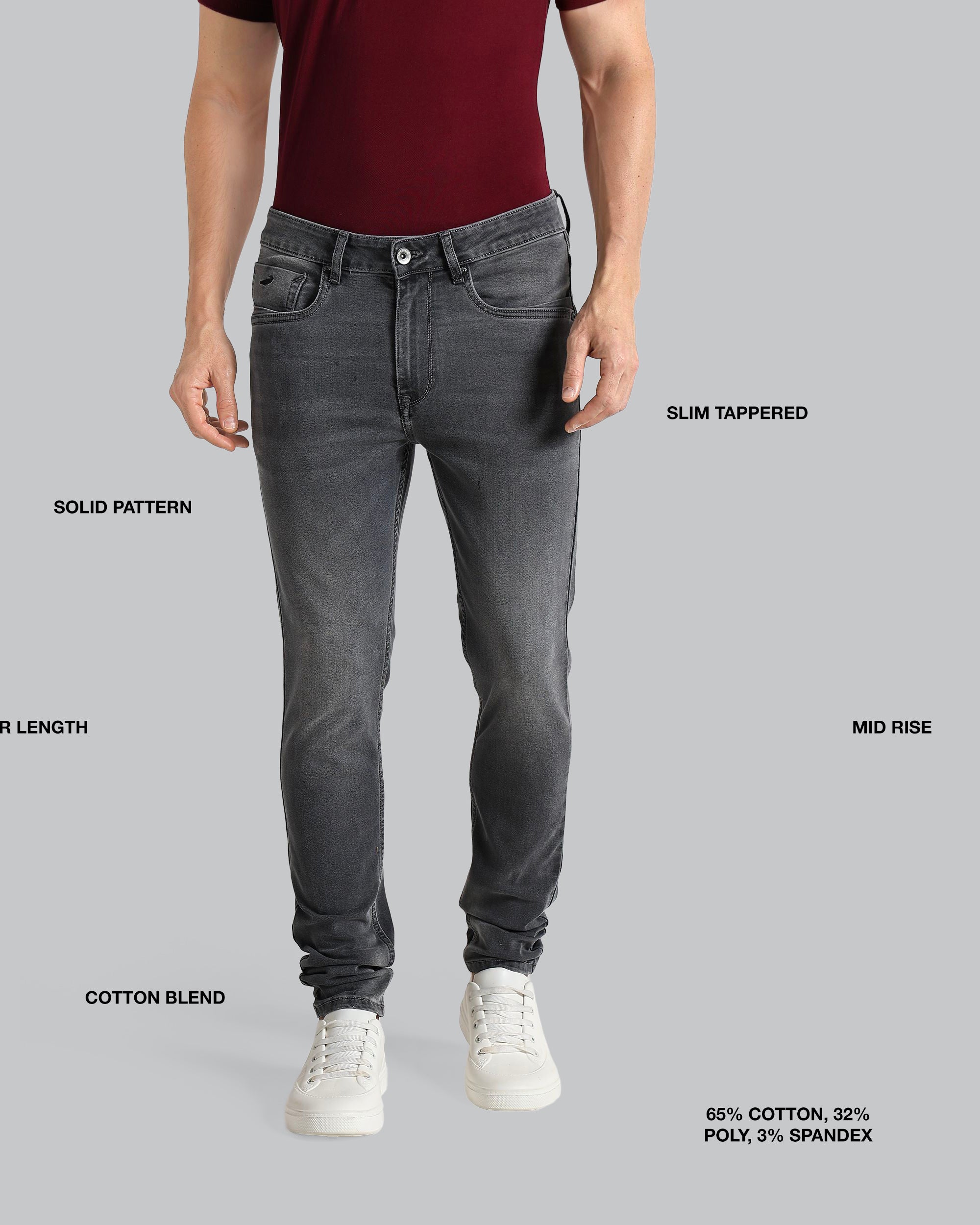 Person wearing gray jeans with feature labels on a gray background