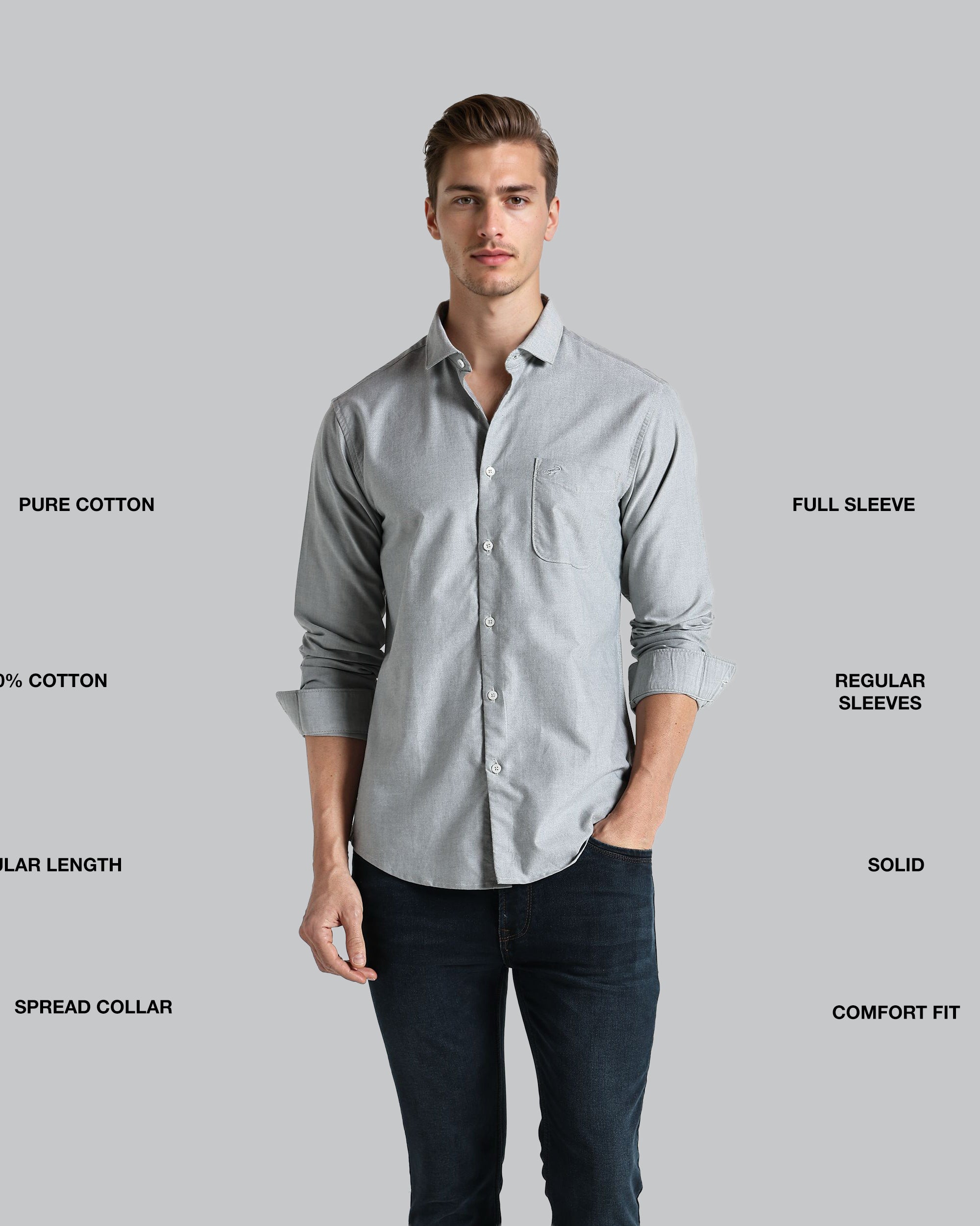 Man wearing a light gray shirt with text describing its features on a gray background