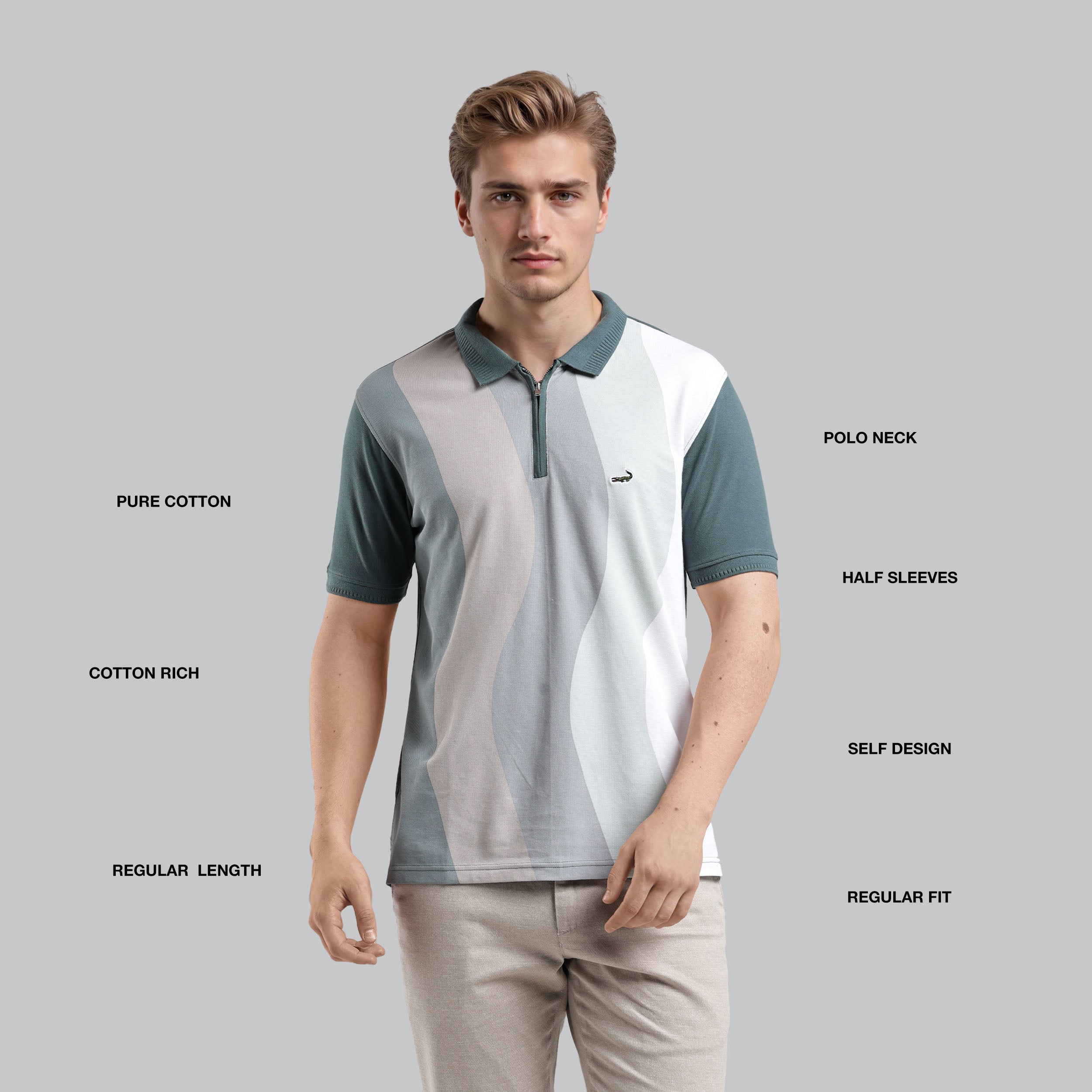 Man wearing a polo shirt with text labels on a gray background